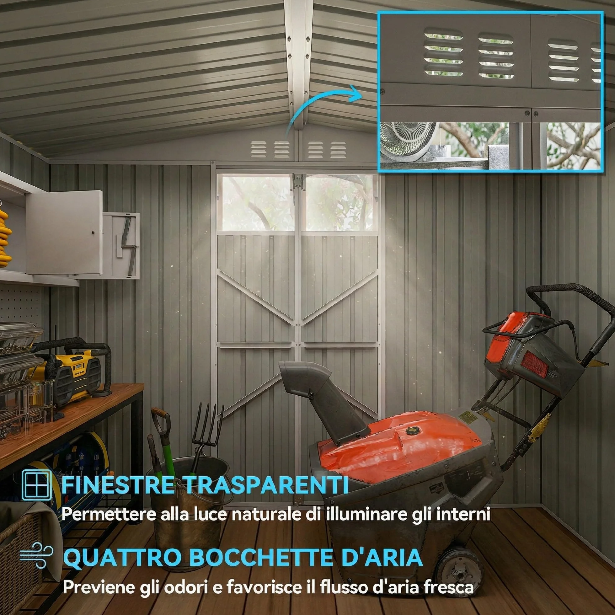 Outsunny Casetta da Giardino 2.7m² in Acciaio Zincato con 4 Prese d'Aria e 2 Finestre Trasparenti, Capanno Porta Attrezzi con Tetto Inclinato, Doppio Porte Bloccabili con Chiavi e Guanti Grigio Scuro
