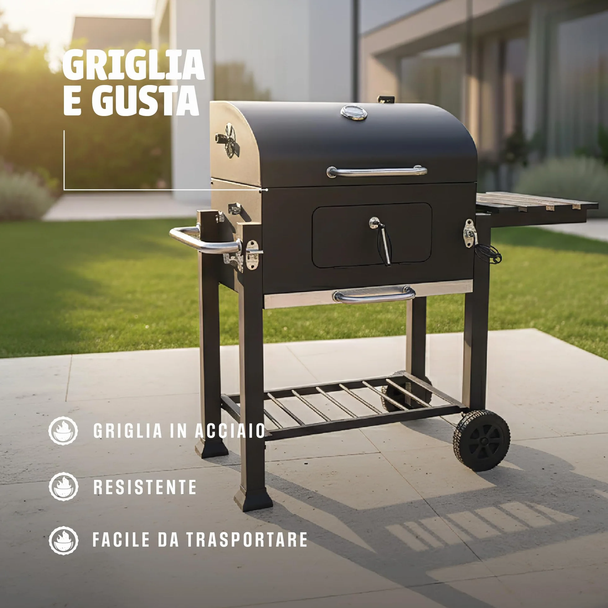 Barbecue a Carbone con Coperchio e Termometro, Griglia di Cottura e Mantenimento, Apertura Frontale, Ripiano Laterale, BBQ da Giardino con Ruote