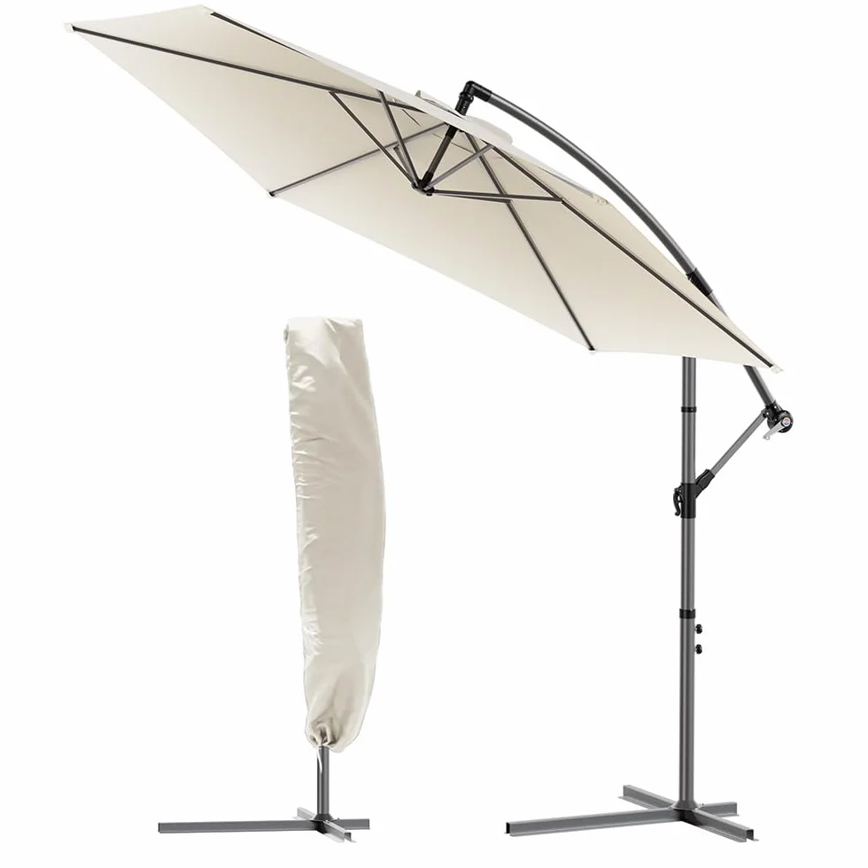 VOUNOT Ombrellone da Giardino Diametro 3M Decentrato Parasole Base a Croce Protezione UV Beige