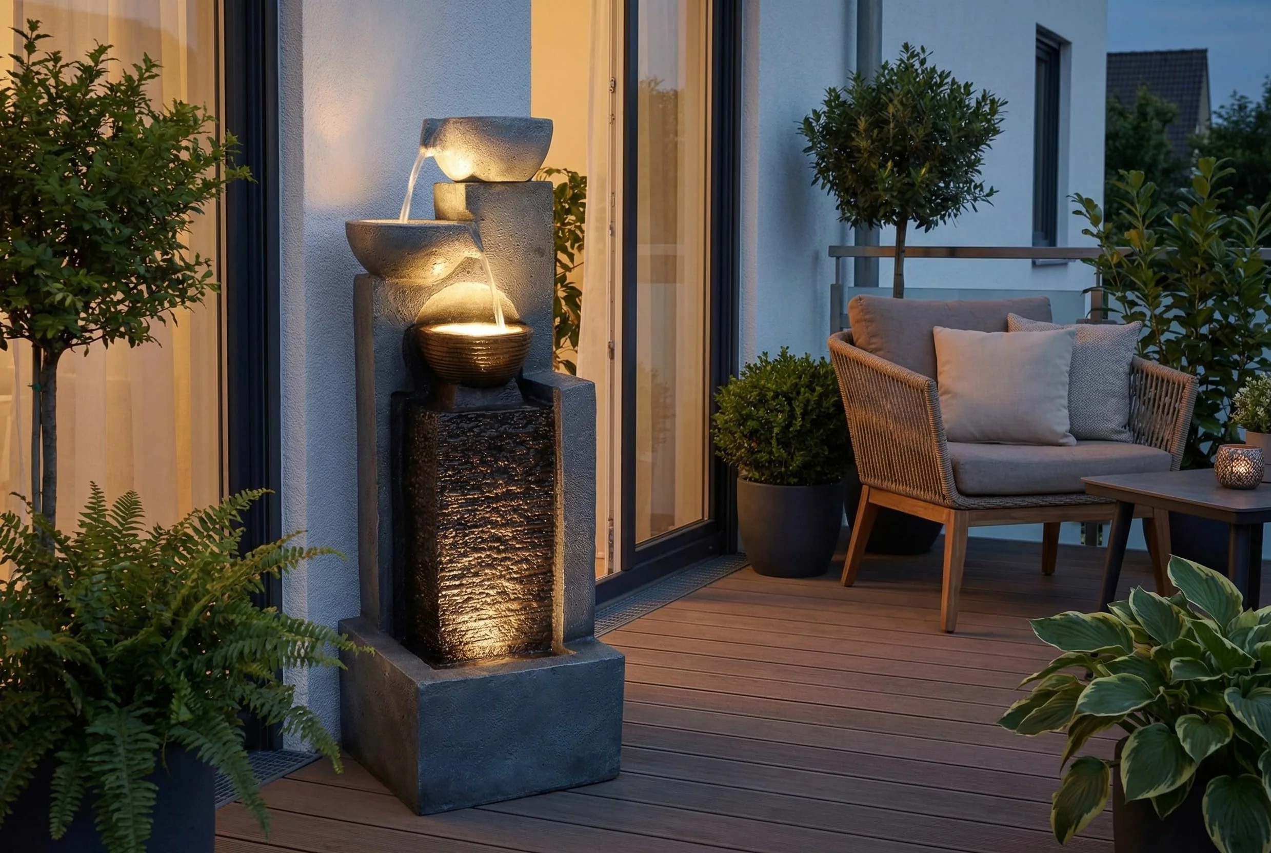 Arnusa, Grande fontana da giardino con illuminazione a LED, fontana a cascata, decorazione da giardino, Nero, Grigio