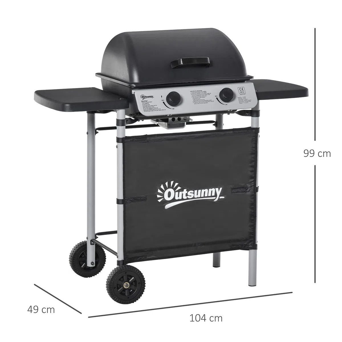 Outsunny Barbecue a Gas 5.6kW 2 Bruciatori, BBQ in Acciaio con Ruote e Mensole, 104x49x99cm Nero