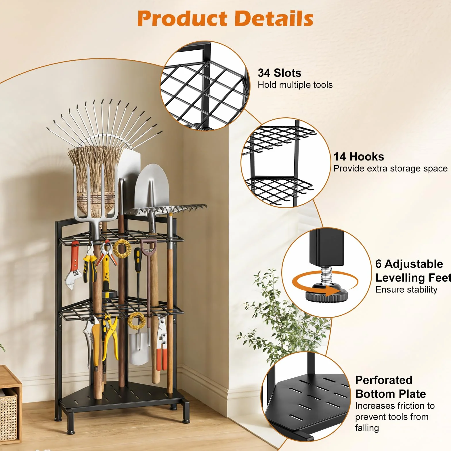 Porta Attrezzi da Giardino,Organizer per Attrezzi da Giardino,Supporto Metallo con 3 Livelli e Ruote, Conservazioneper Fino a 35 Attrezzi/Scope/Rastrelli a ManicoLungo