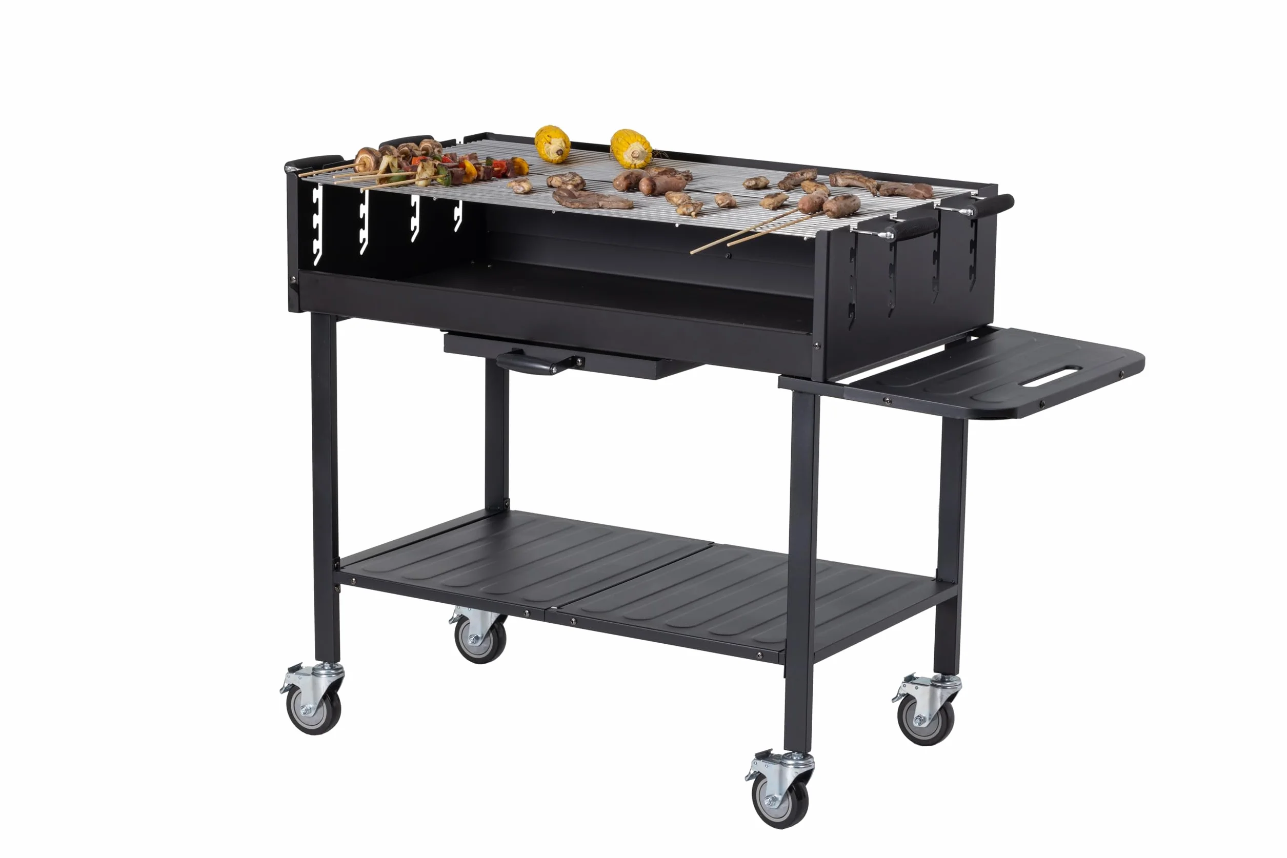 METRO Professional Barbecue a Carbonella Deluxe, Acciaio Inox, 2 Griglie Regolabili, Ruote, Tavolino, Copertura, Nero