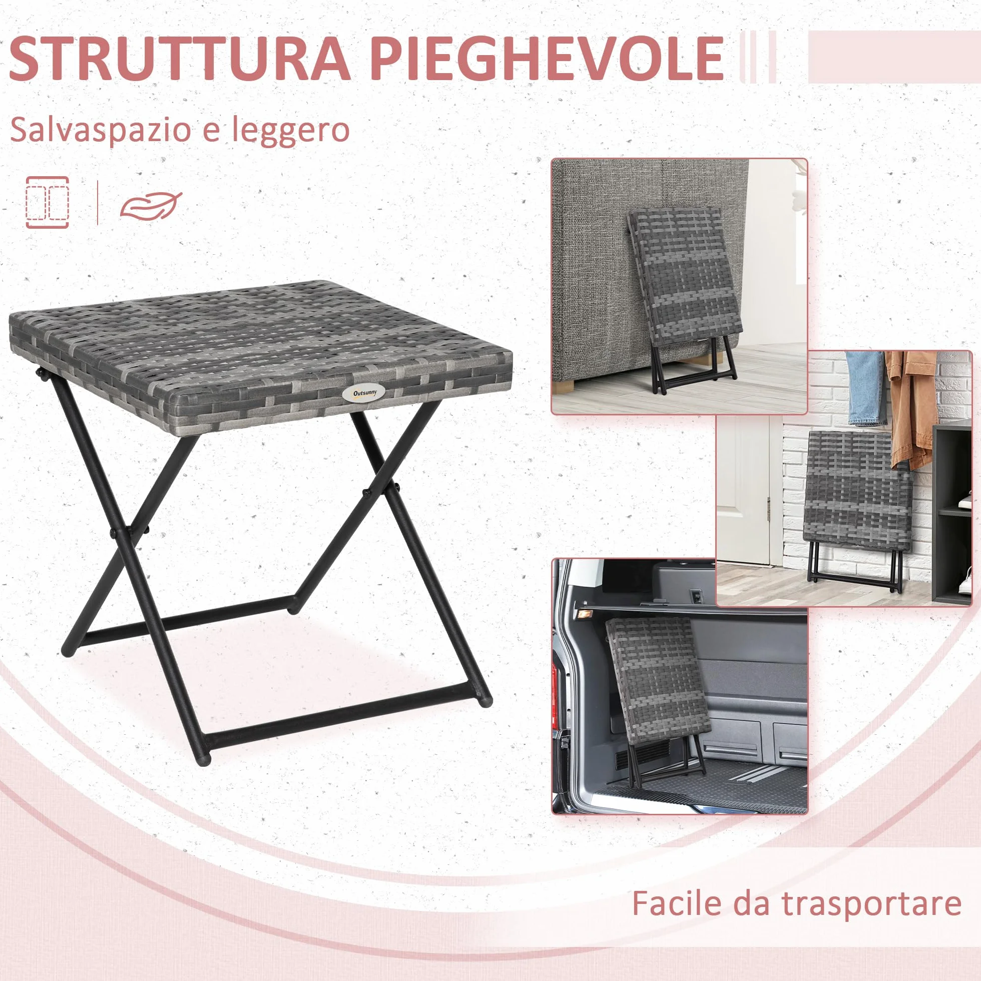 Outsunny Tavolino da Giardino Pieghevole in Rattan Sintetico e Acciaio 40x40x40cm Grigio
