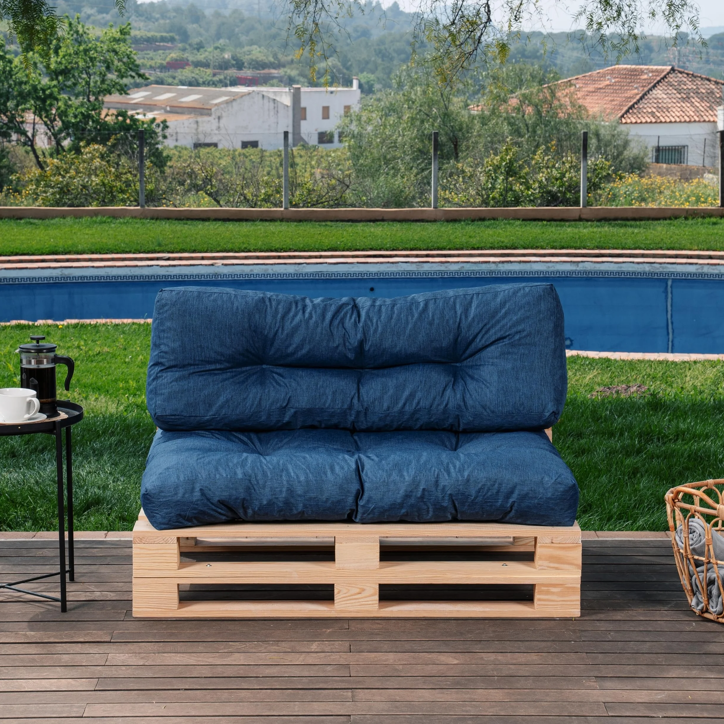 bananair - Cuscini per Pallet - Tessuto Idrorepellente e Anti-UV - Molto Confortevole, Imbottito in Schiuma - Cuscini per Divano Esterno Giardino (Seduta 120x80 cm + Schienale 120x40 cm, Blu)