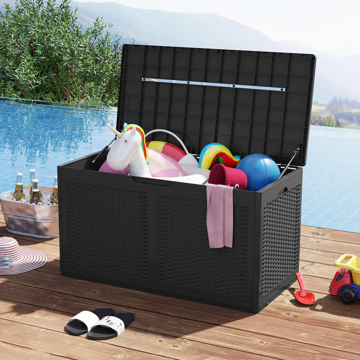 COSTWAY Baule da Esterno 380 L, Cassapanca Contenitore Impermeabile in Effetto Rattan con Coperchio Bloccabile e Ruote, Baule Salvaspazio per Mantenere Cuscini e Attrezzi da Interno e Esterno (Nero)