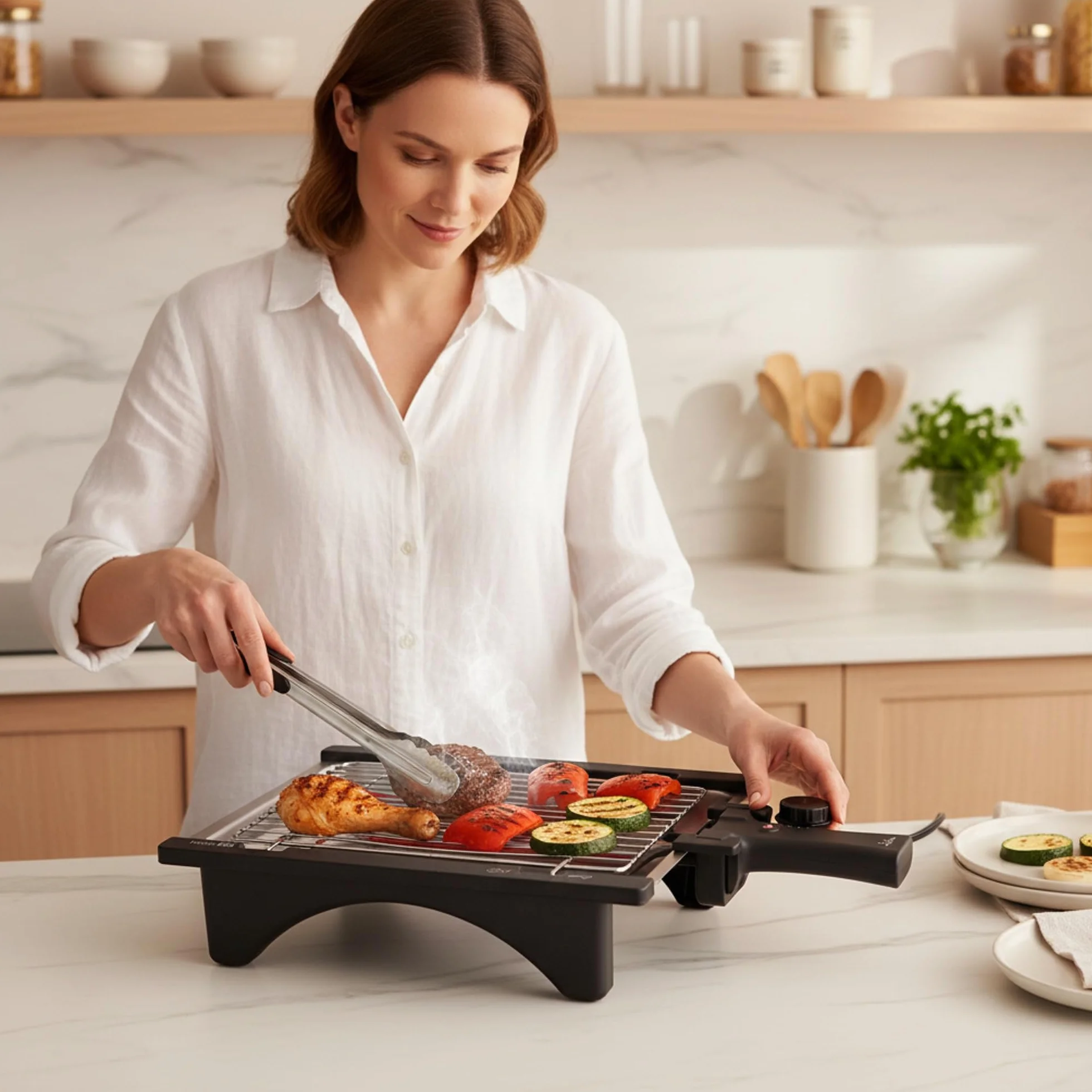 Jata - BQ95 - Barbecue elettrico perfetto per due persone, senza fumo e senza odori, smontabile, con 2 altezze, vassoio in acciaio inox, cucina sana con acqua