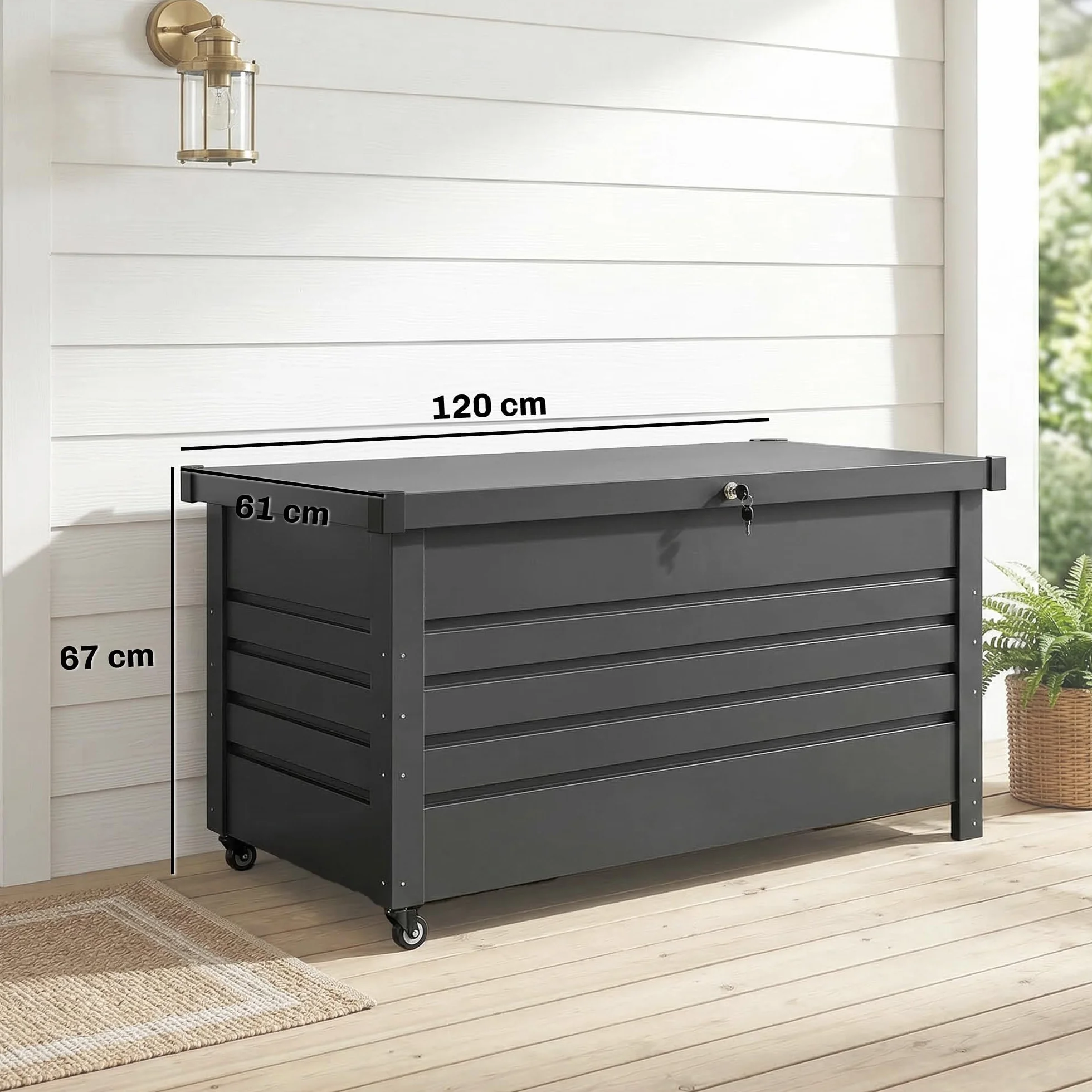 Outsunny Baule da Esterno 350L Acciaio Rinforzato con Coperchio Bloccabile, Pistoni a Gas, Ruote, Grigio