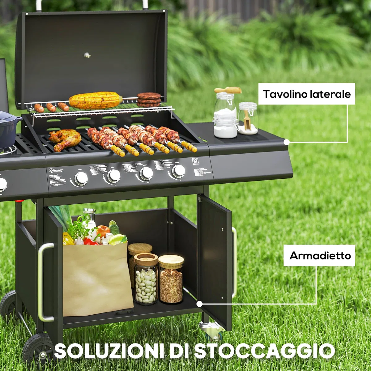 Outsunny Barbecue a Gas 4+1 Bruciatori 15.2 KW Acciaio PP con Ruote Armadietto Termometro Nero