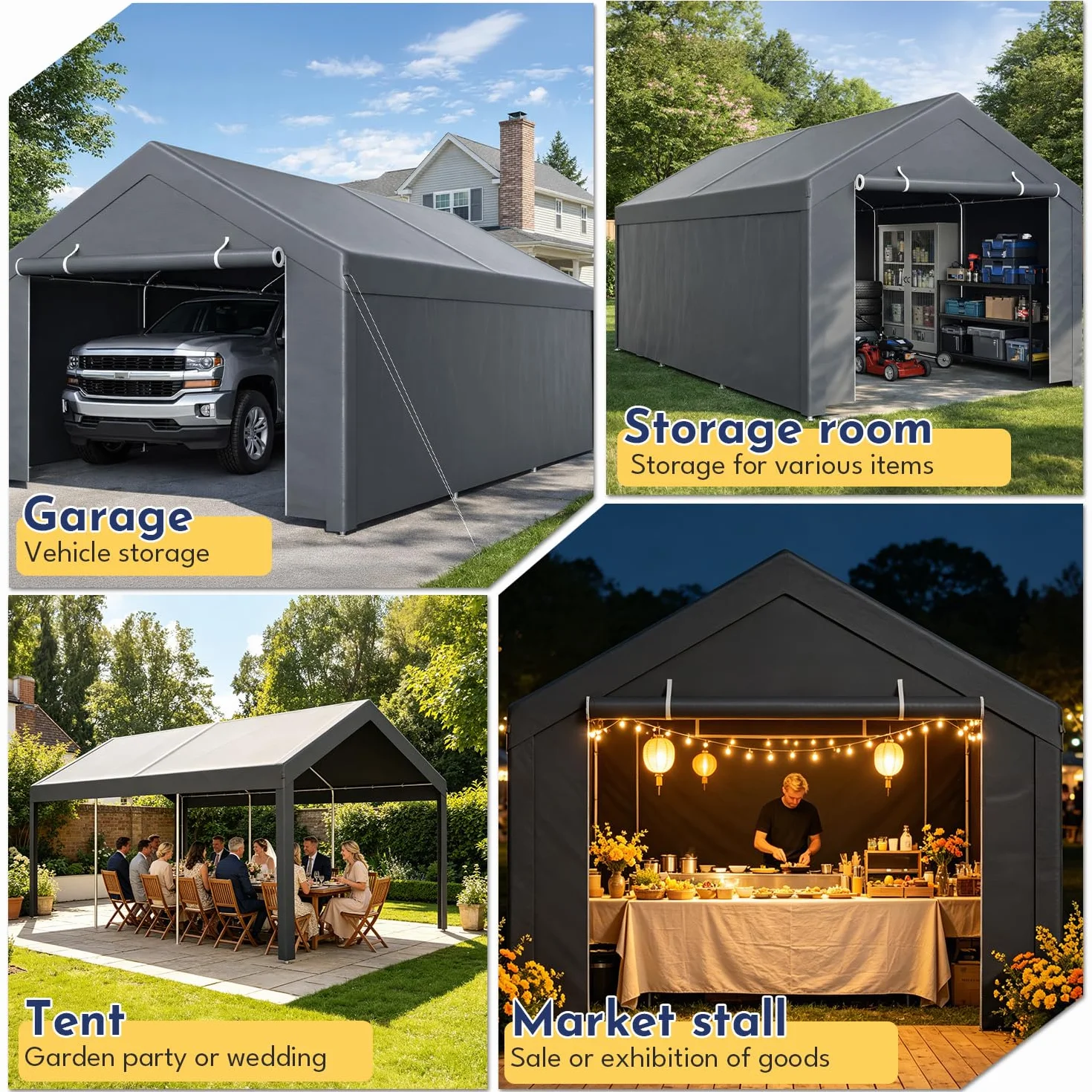 Tenda da garage impermeabile 3x6 m in PE con struttura in acciaio grigio