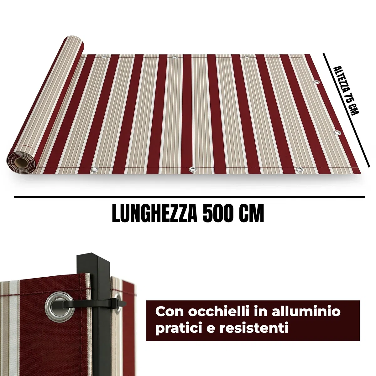ESTO Telo Frangivisto Balcone 75x500 cm HDPE - Protezione Privacy Antisguardo Copri Ringhiera Impermeabile Antivento UV Bordeaux e Crema
