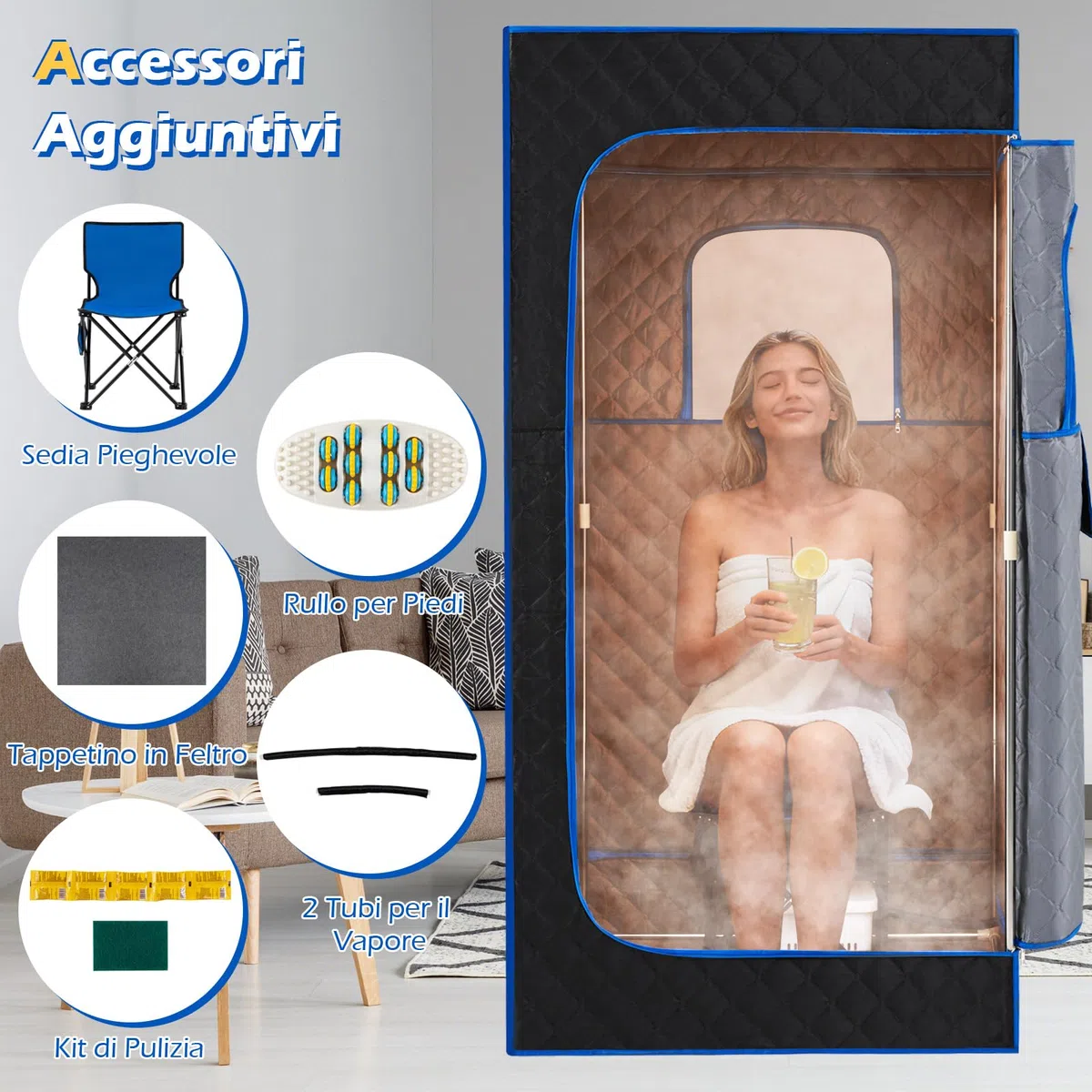 COSTWAY Cabina Sauna a Vapore 3L 1200W Riscaldamento Rapido 15 Livelli Temperatura Timer 99 Minuti Sedia Pieghevole Tappetino Blu