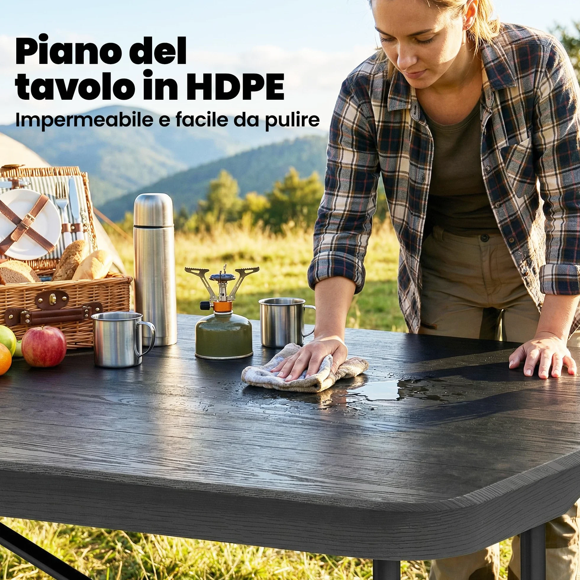 Outsunny Set Tavolo da Campeggio Pieghevole con 4 Sedie, HDPE Metall, Portatile per Picnic Esterno Giardino Nero