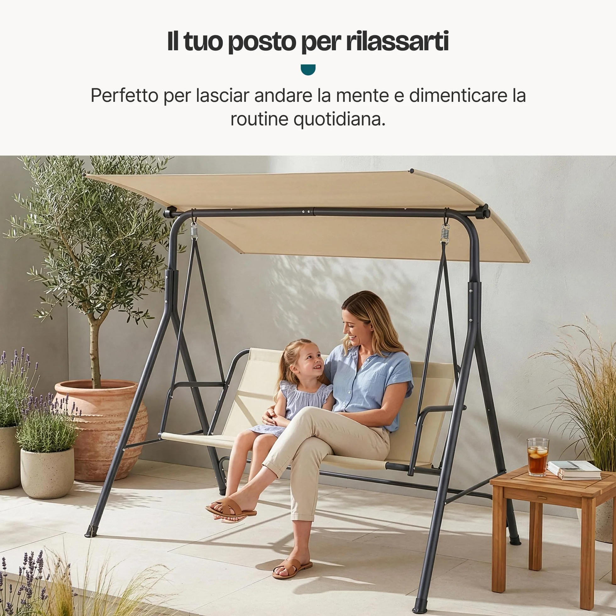 [en.casa] Dondolo da Giardino a 3 Posti con Tettuccio Parasole Regolabile e Schienale Panchina a Dondolo Altalena da Esterno Terrazza Struttura in Acciaio 173x119x153 cm - Grigio/Beige
