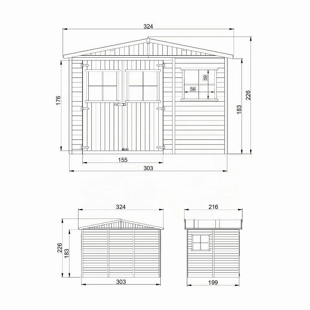 Casa da giardino in legno naturale CON PAVIMENTO IMPREGNATO A226x216x324 cm/6 m²- Magazzino esterno con finestre - Capanno da giardino - Bici, Deposito attrezzi e rimessa TIMBELA M334+M334G