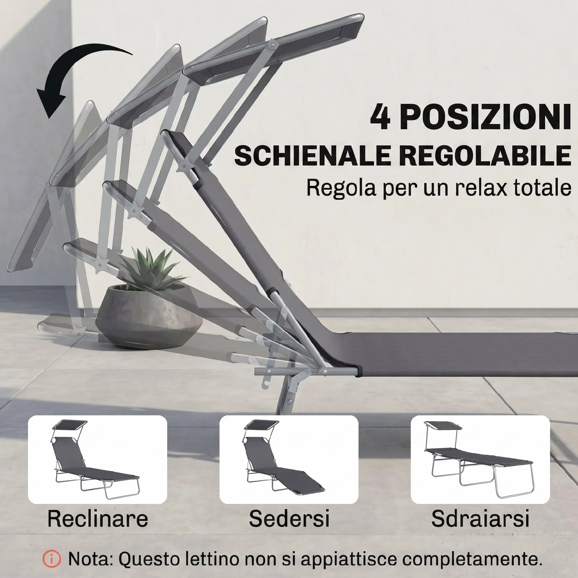 Outsunny Sdraio da Giardino Pieghevole con Tettuccio Schienale Regolabile in Tessuto Oxford e Metallo 187x58x36 cm Grigio