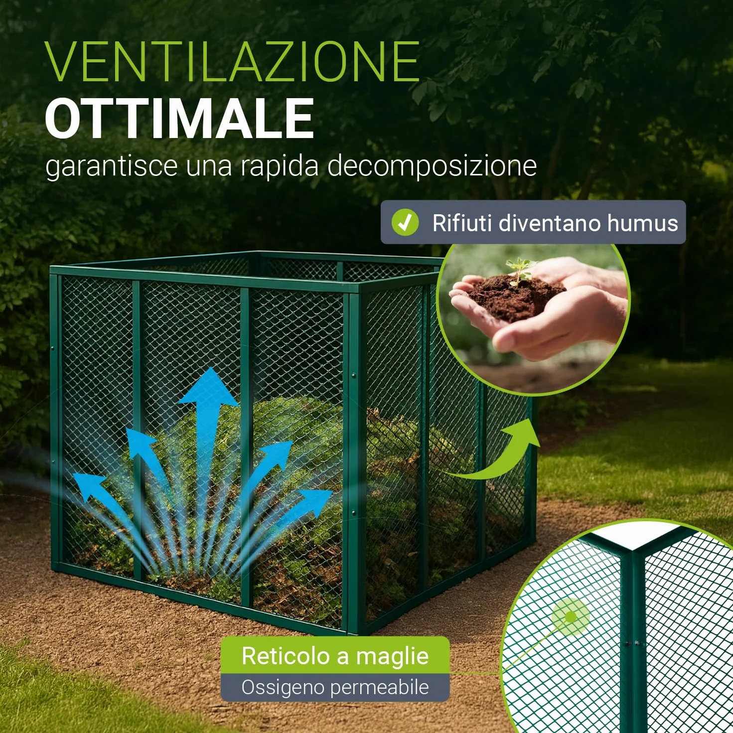 Juskys Compostiera Metallo 800 L Acciaio Zincato Verniciato Polvere Resistente Intemperie Verde Scuro