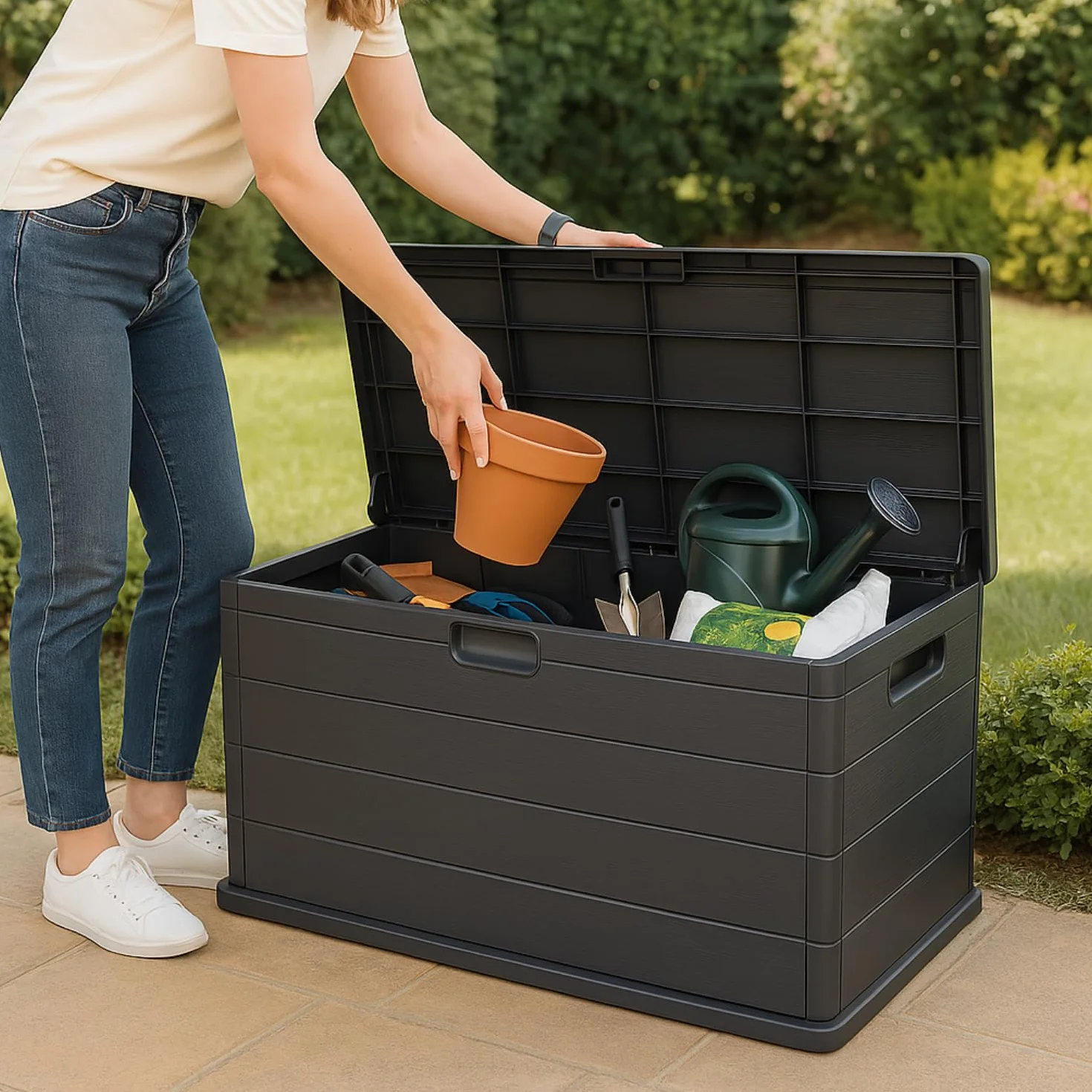 VIRSUS Baule da Giardino con Ruote, misura 118x59x57 cm, Cassapanca Effetto Legno Antracite, Impermeabile, Chiusura Lucchettabile, Contenitore da Esterno, Capacità 340 Litri -ALP001F