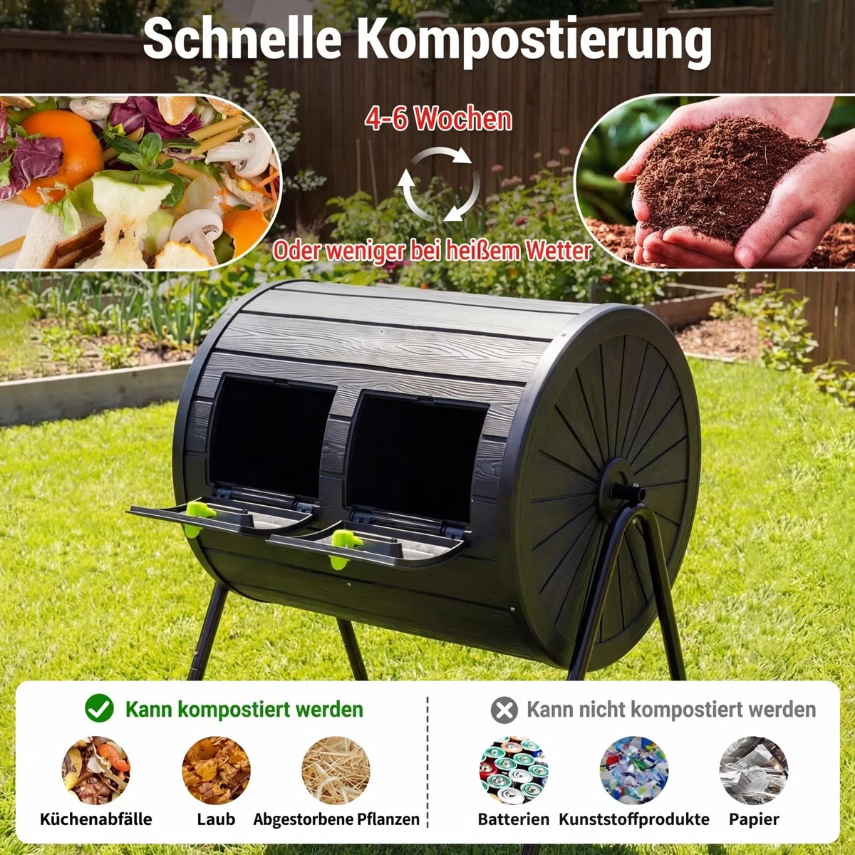 HOMASIS 142L Compostiera da Giardino, Compostiera Girevole a 360° in PP con Lame di Miscelazione, per Compostaggio Rifiuti Organici, Efficiente in 4-6 Settimane, Attrezzi da Giardinaggio (Nero)