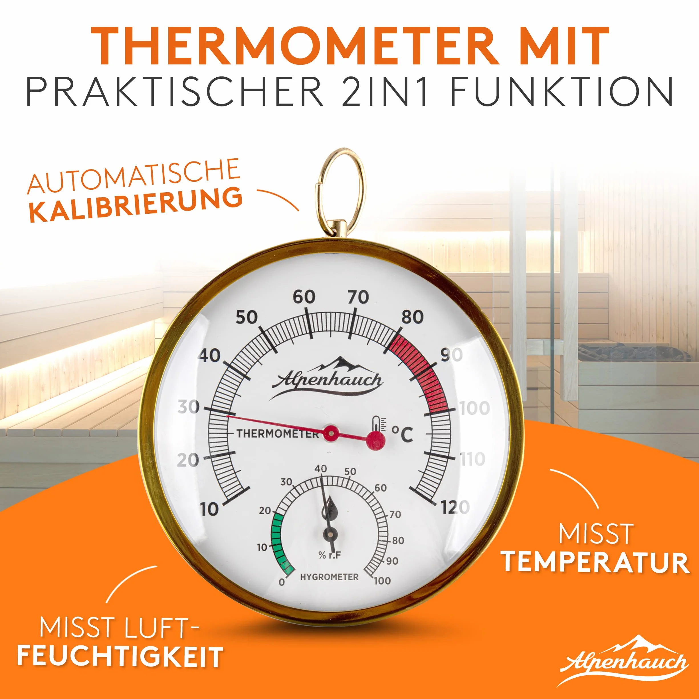 ALPENHAUCH Secchio per sauna con cazzuola in legno naturale – Set accessori per sauna con clessidra e termometro/igrometro