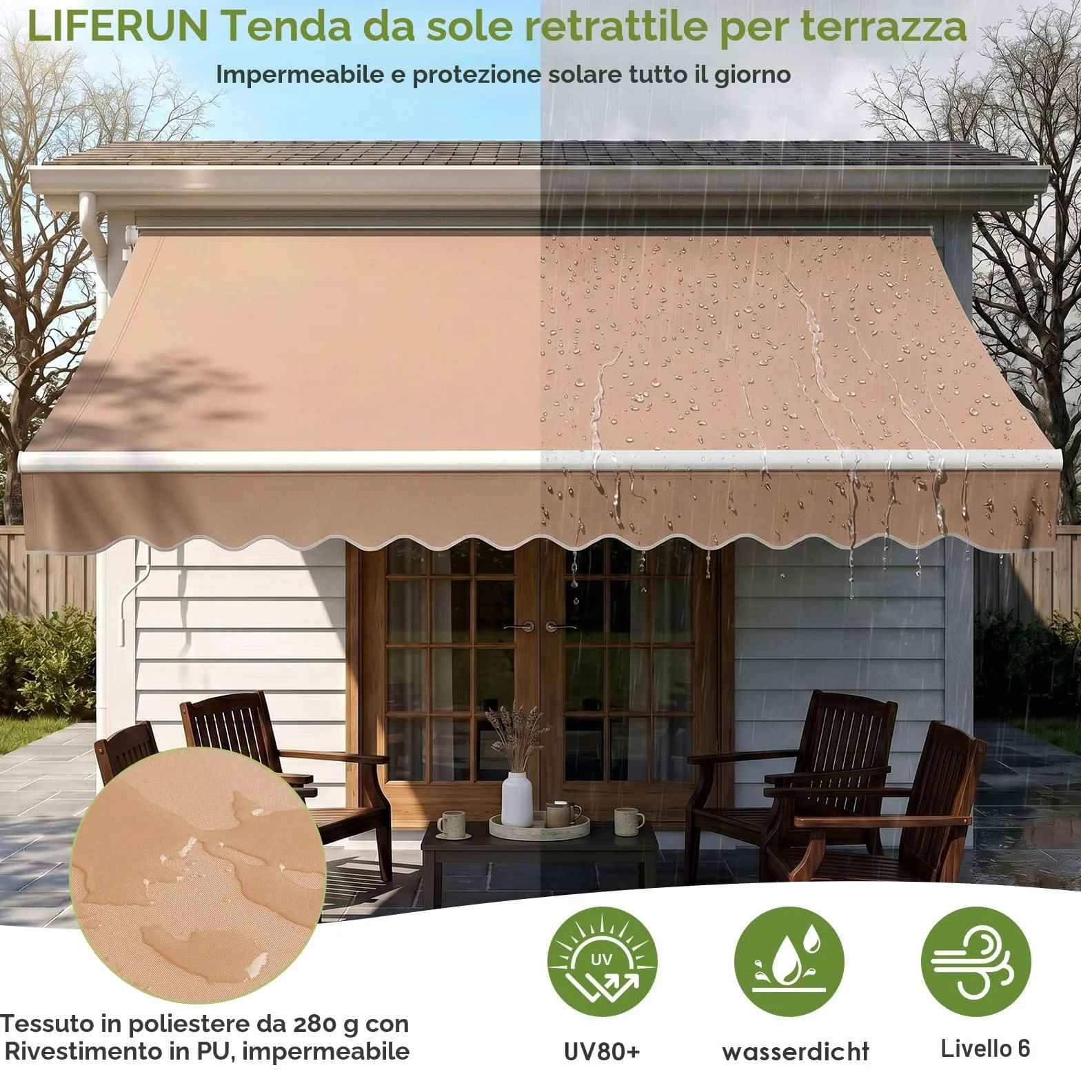 LIFERUN Tenda a bracci snodati 300x250 cm UPF 50+ impermeabile manovella supporto parete Regolazione angolare 52-75° Cachi