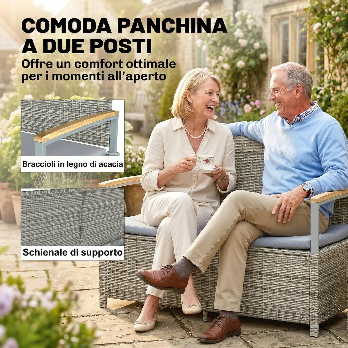 Outsunny Cassapanca Contenitore da Esterno in Rattan PE 170L, Panca Contenitore da Esterno 2 Posti con Braccioli in Legno di Acacia, Cuscino Lavabile, Fodera con Cerniera, Pistone a Gas, Grigio Chiaro