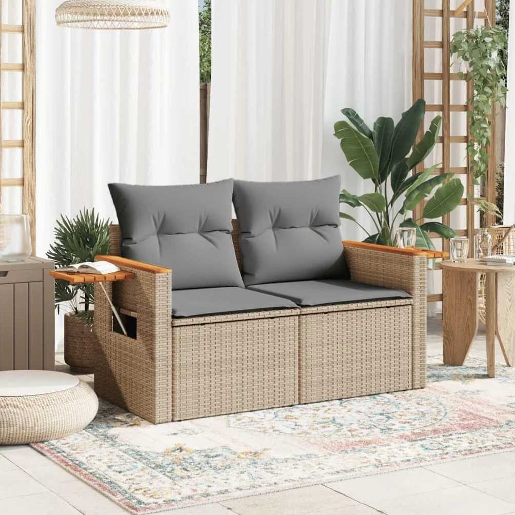 IKAYAA Divanetto da Esterno 2 Posti con Contenitore Divano da Giardino in Polyrattan Salotto da Giardino in Polyrattan Set da arredo per Esterno con Cuscini-Beige e Grigio Chiaro-2 pz