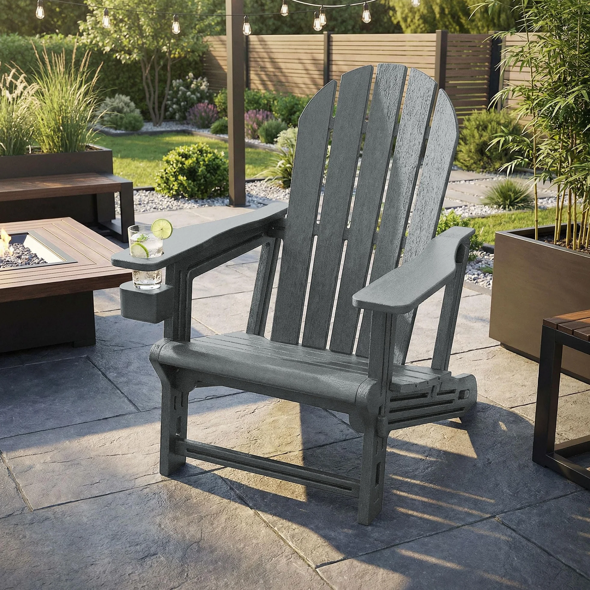 ML-Design Sedia Adirondack da Giardino con Portabicchieri, Grigia, Poltrona da Esterno in Plastica Effetto Legno, Sedia Lounge con Sistema a Incastro, Resistente alle Intemperie, per Patio e Giardino
