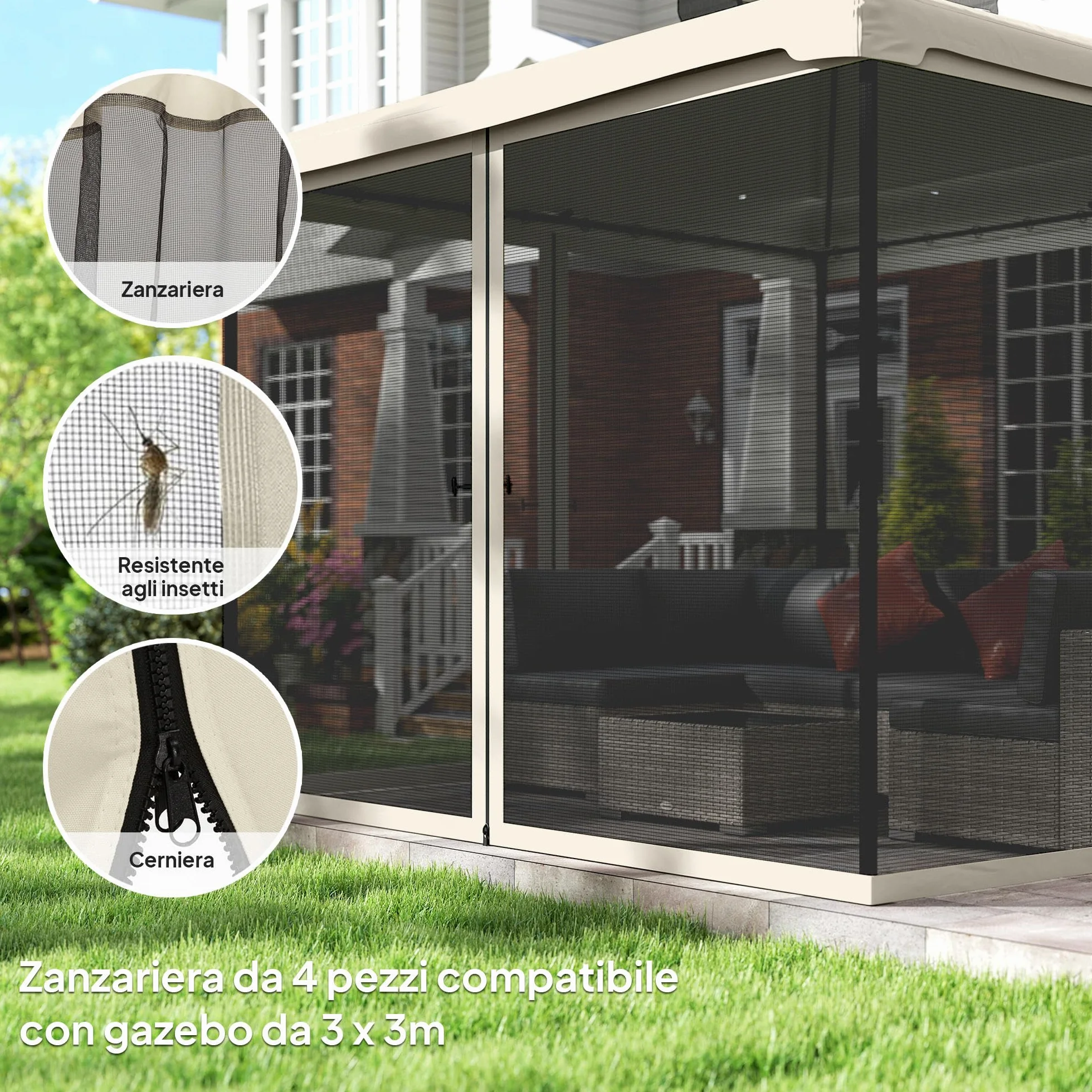 Outsunny Zanzariera per Gazebo, Tende Zanzariera di Ricambio Universale, 302x207cm, Nero, Beige