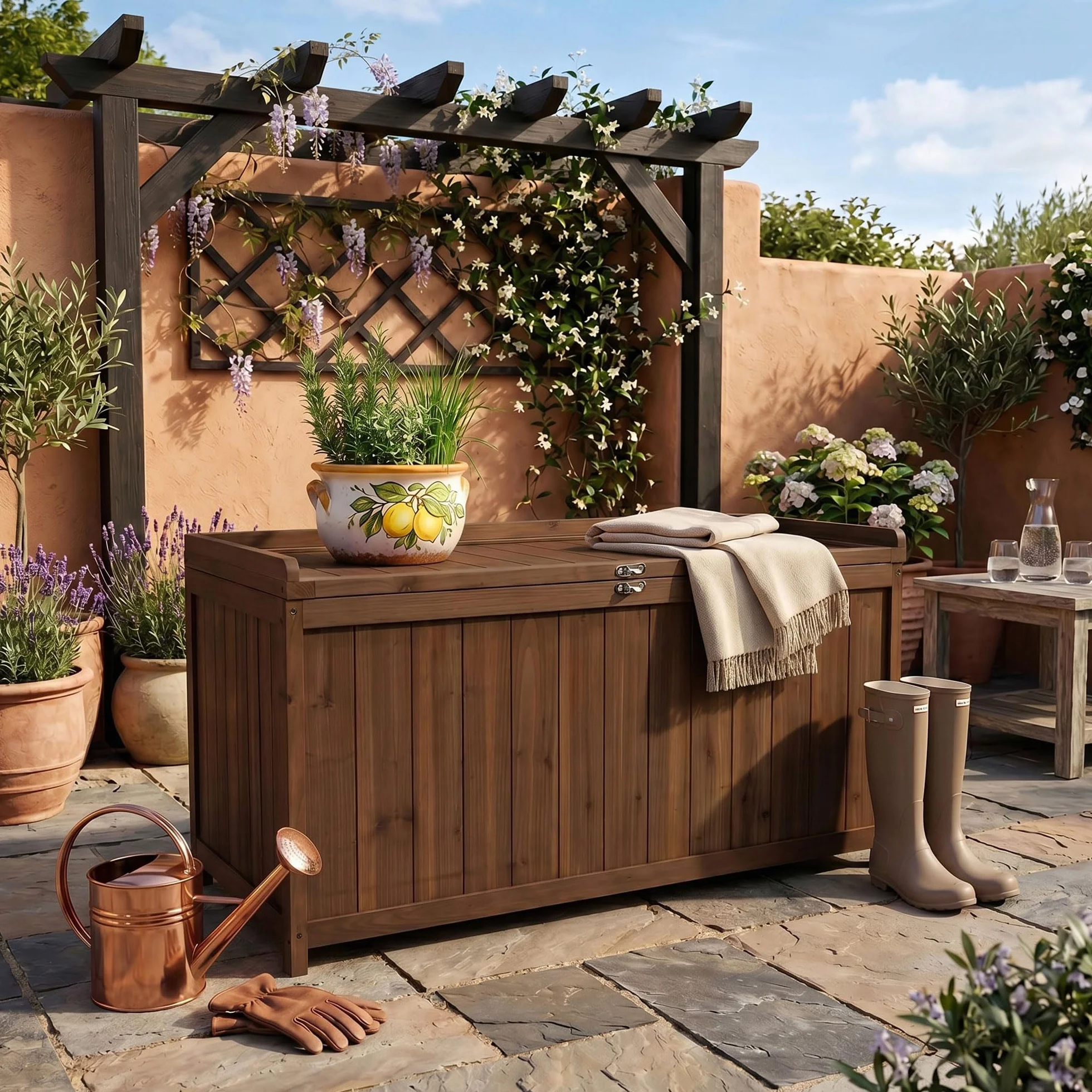 FRANKYSTAR® Cubo - Baule Panca da Giardino 113X60X53 cm da esterno contenitore lucchettabile portaoggetti in legno acacia teak