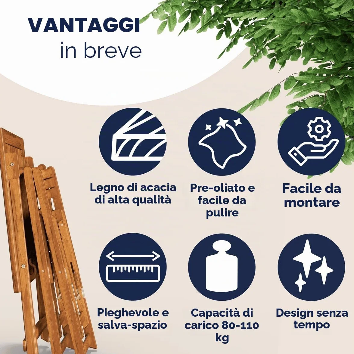 Casaria Set da Balcone Tavolo e 2 Sedie in Legno di Acacia Pieghevole 3 Pezzi
