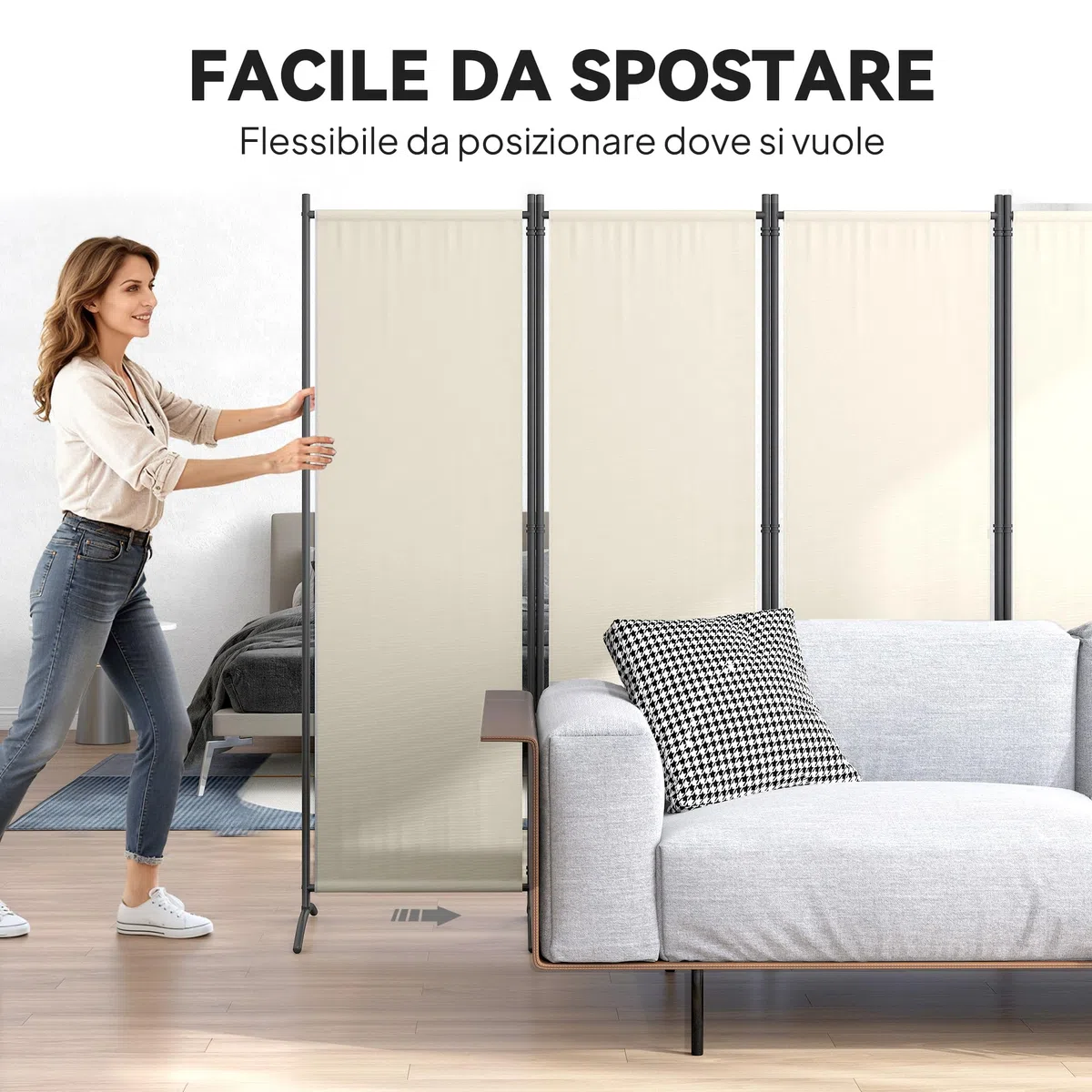 Outsunny Paravento Separé da Giardino 4 Pannelli Pieghevole, 221x50x172cm, Crema