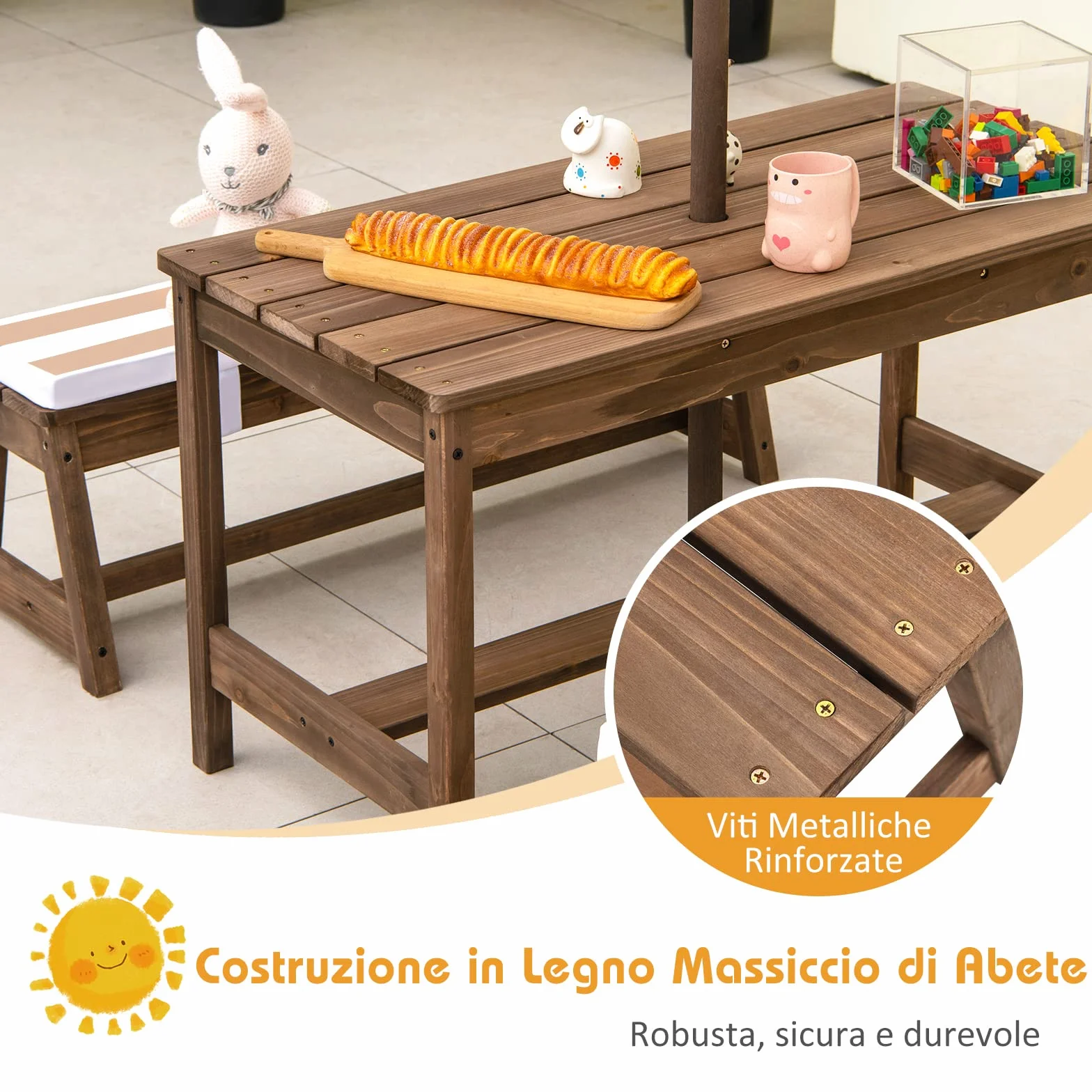 COSTWAY Tavolo da Picnic per Bambini con Parasole Pieghevole, Set Tavolo e Panca in Legno con Cuscini, Marrone