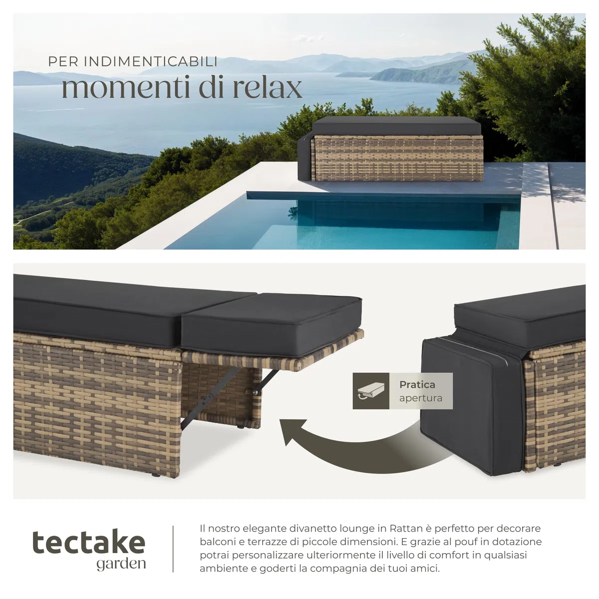 tectake® Divano Lounge in Rattan Corfù, Componibile, Pouf con Sostegno Pieghevole, Cuscini Spessi, Telaio in Acciaio Verniciato, Alta Qualità, Comfort Superiore - Naturale