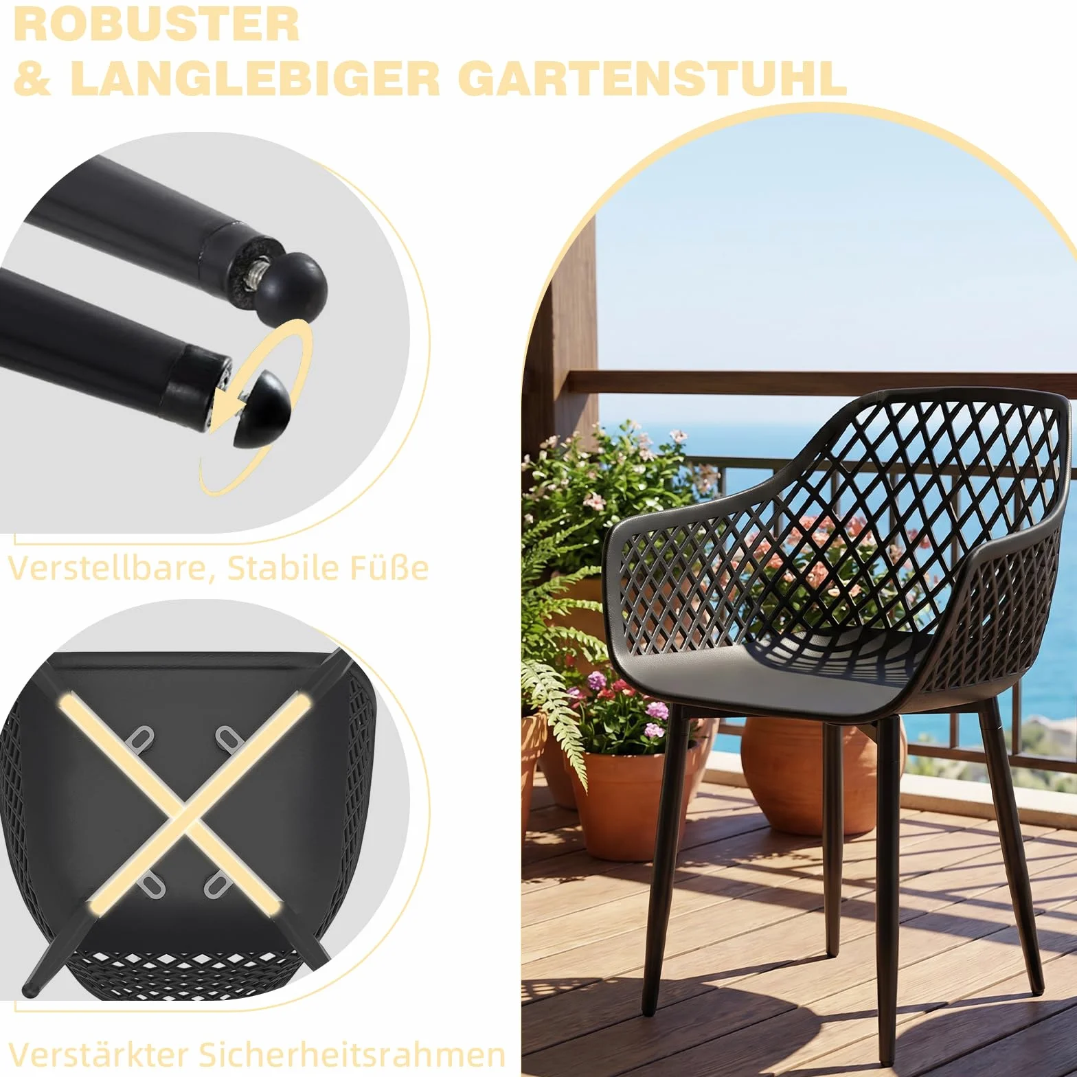 Set 6 Sedia Giardino Esterno PP Metallo Braccioli 120 kg Nero