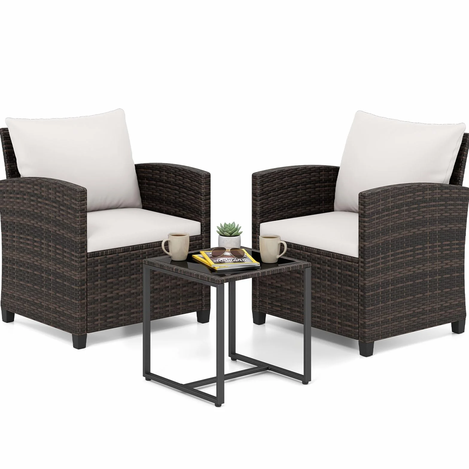 COSTWAY Set Mobili da Giardino 3 Pezzi, Salotto da Esterno in Rattan PE con Cuscini Sfoderabili, Tavolino in Vetro Temperato Beige