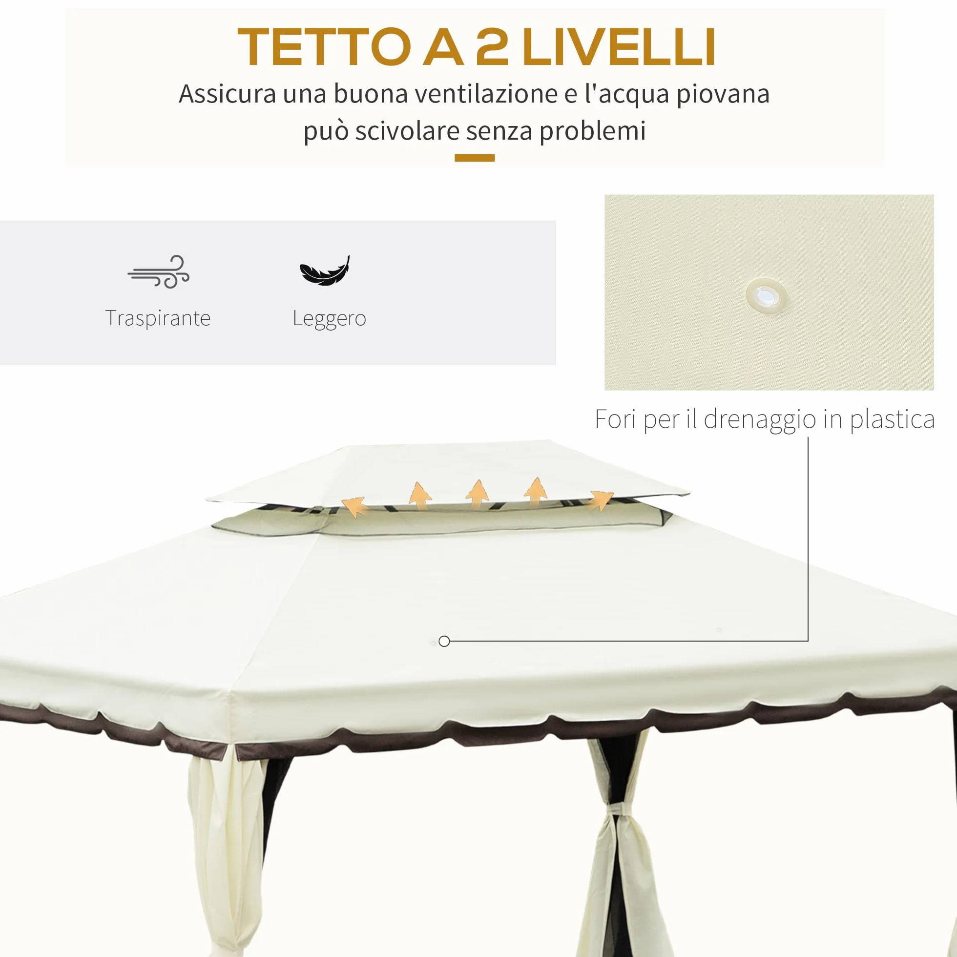 Outsunny Gazebo da Giardino 4x3 m con Zanzariera e Tende Parasole, Doppio Tetto, Anti UV, Alluminio, Crema
