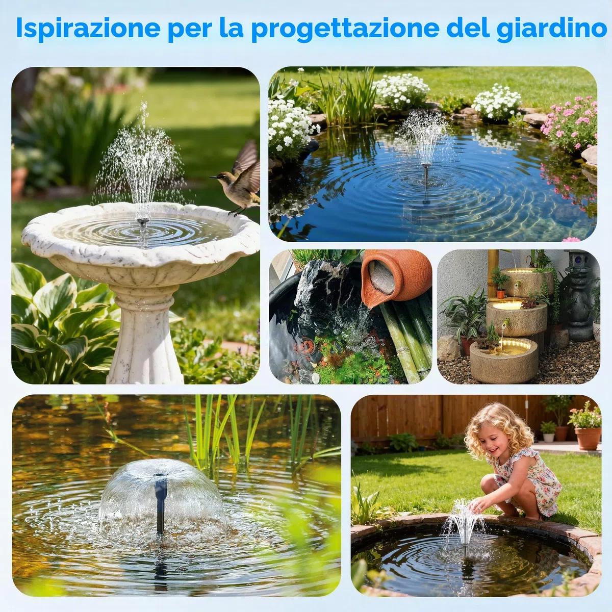 Pompa solare per laghetto 6 W con batteria 10 ugelli 500 l silenziosa fontana da giardino