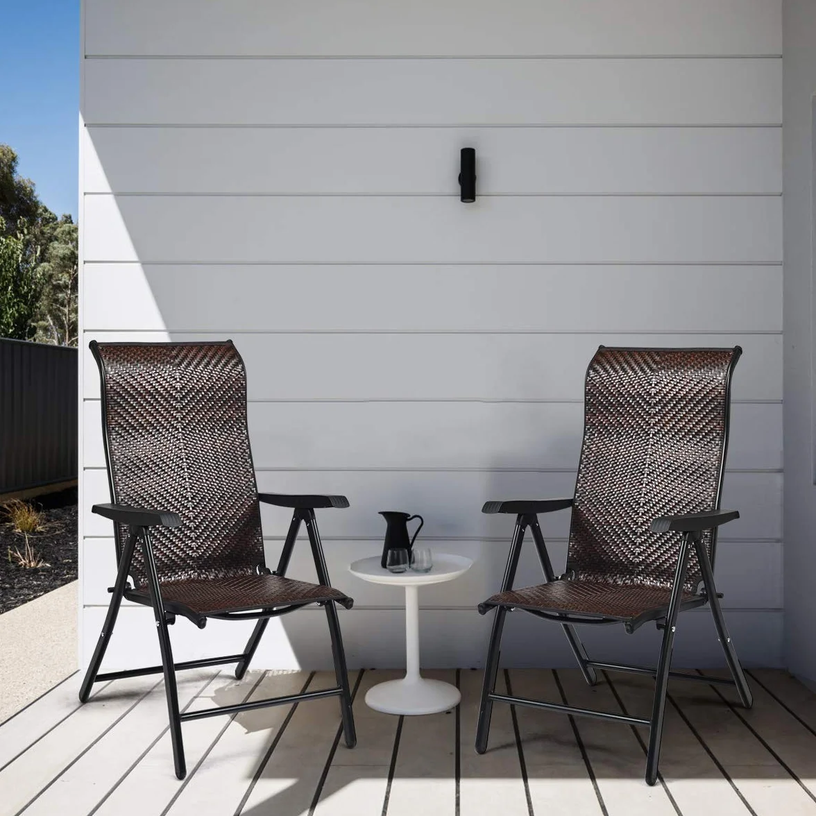 GIANTEX Set di 2 sedie da giardino in rattan con schienale regolabile, sedia pieghevole da giardino, sedia da pranzo, ergonomica, con braccioli, per giardino, balcone