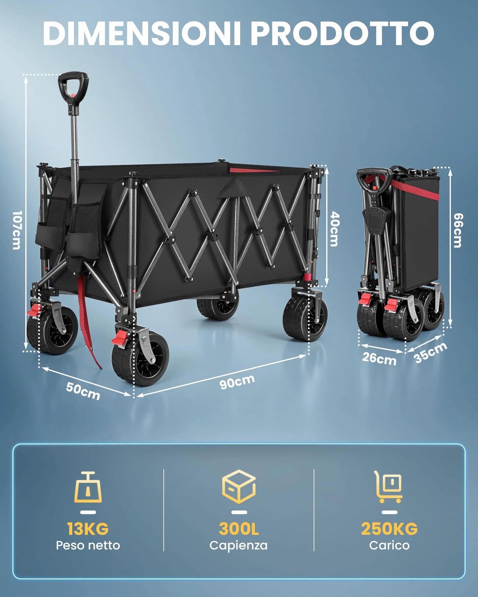 Carrello Spiaggia YEAUPE PRO XXXL con Grandi Ruote Girevoli 360°, 250kg 200-300L, Nero