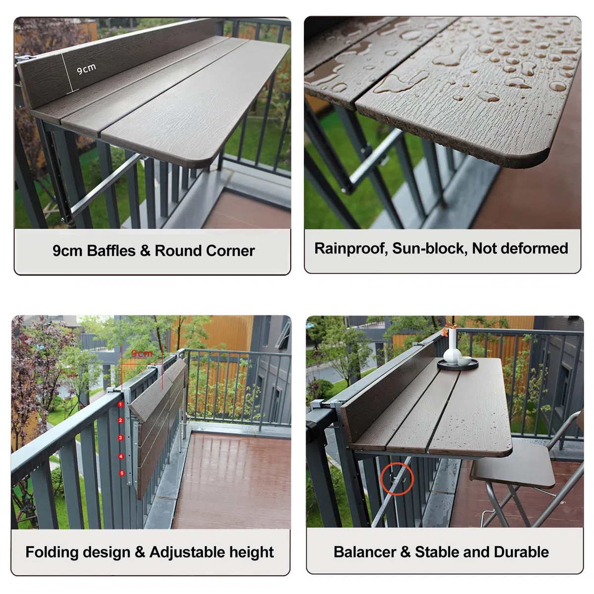 Tavolino da Balcone Pieghevole, 5 Altezze Regolabili, Tavolo da Appendere per Giardino, Terrazza, Cortile, Tavolino da Esterno, Profilo in Alluminio