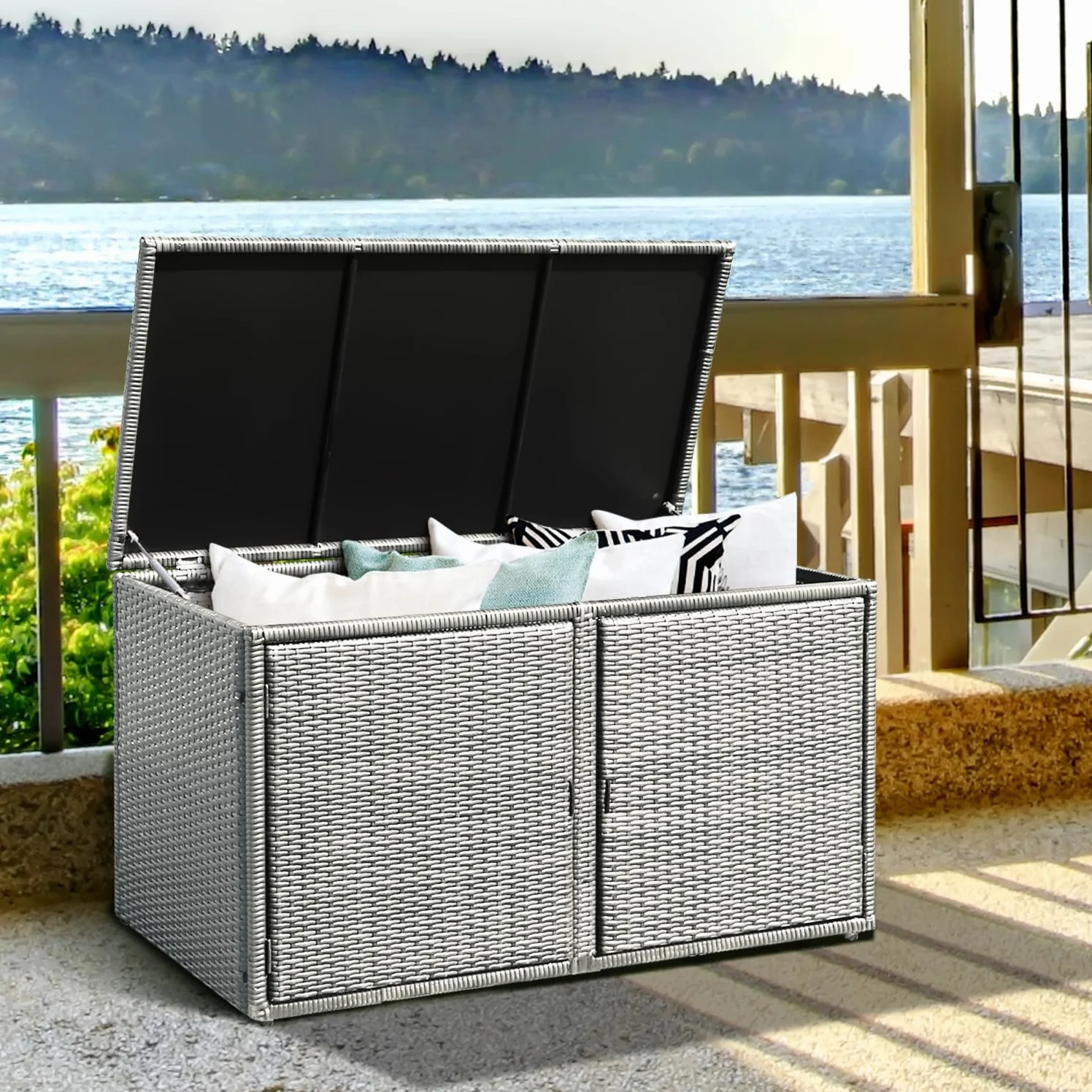 KOMFOTTEU Cassapanca Contenitore da Esterno 330L Rattan Telaio Acciaio Baule Giardino Resistente UV Impermeabile 115x60x65 cm Grigio