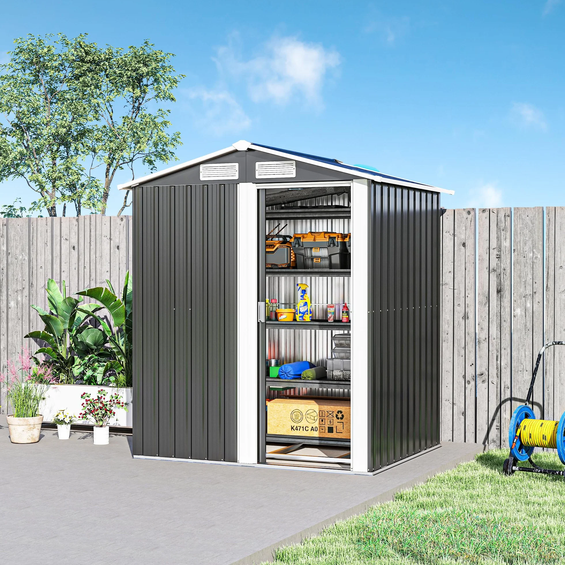 Outsunny Casetta da Giardino 1.7m² in Acciaio Zincato con kit Fondazione, Capanno da Giardino Porta Attrezzi con Tetto Inclinato, 4 Prese d'Aria, Porta Scorrevole, 152x132x188 cm, Grigio Scuro