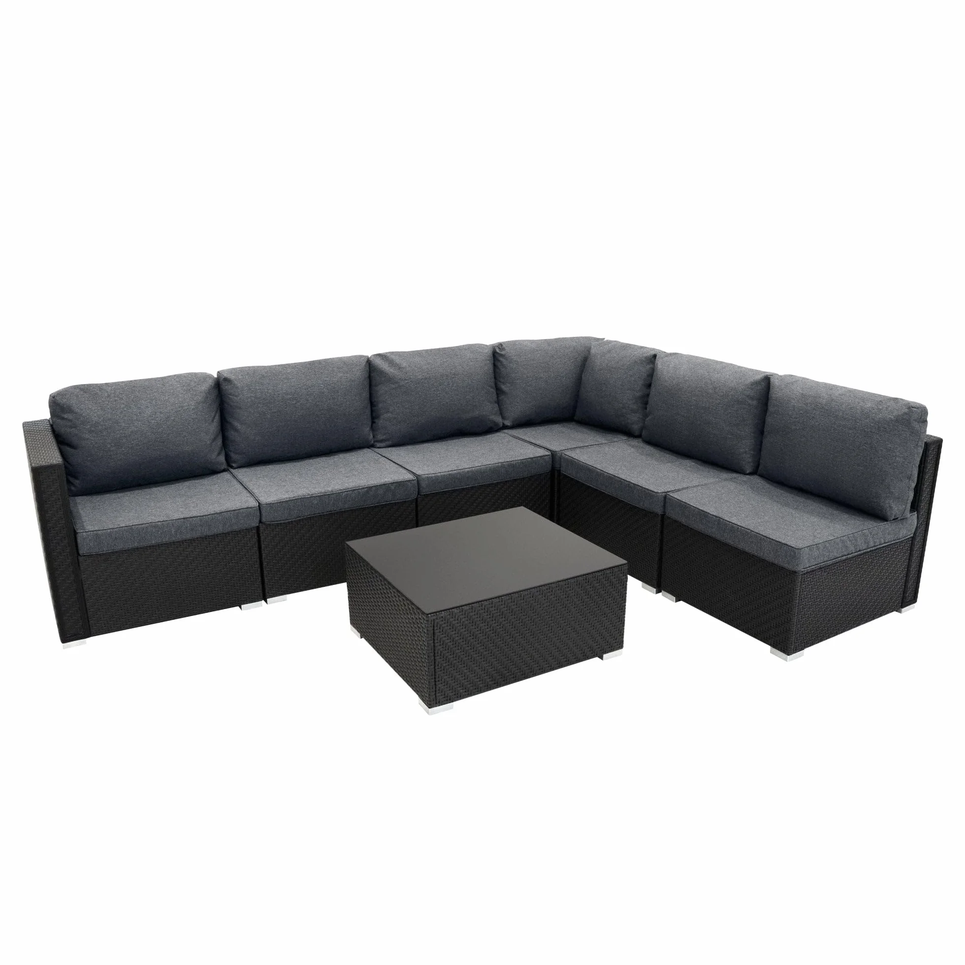 Monster Shop Set Mobili da Giardino 7 Pezzi in Rattan Nero – Divano Modulare 5 Posti con Cuscini Lavabili, Tavolino in Vetro, Copertura Impermeabile, per Esterno, Terrazzo e Veranda