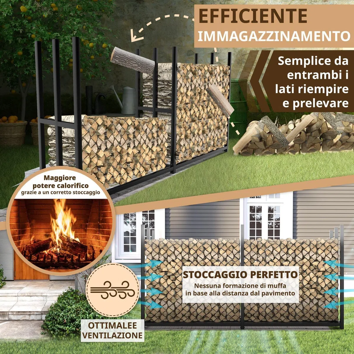 Portalegna da esterno in metallo zincato nero 223 x 50 x 115 cm legnaia per legna da ardere