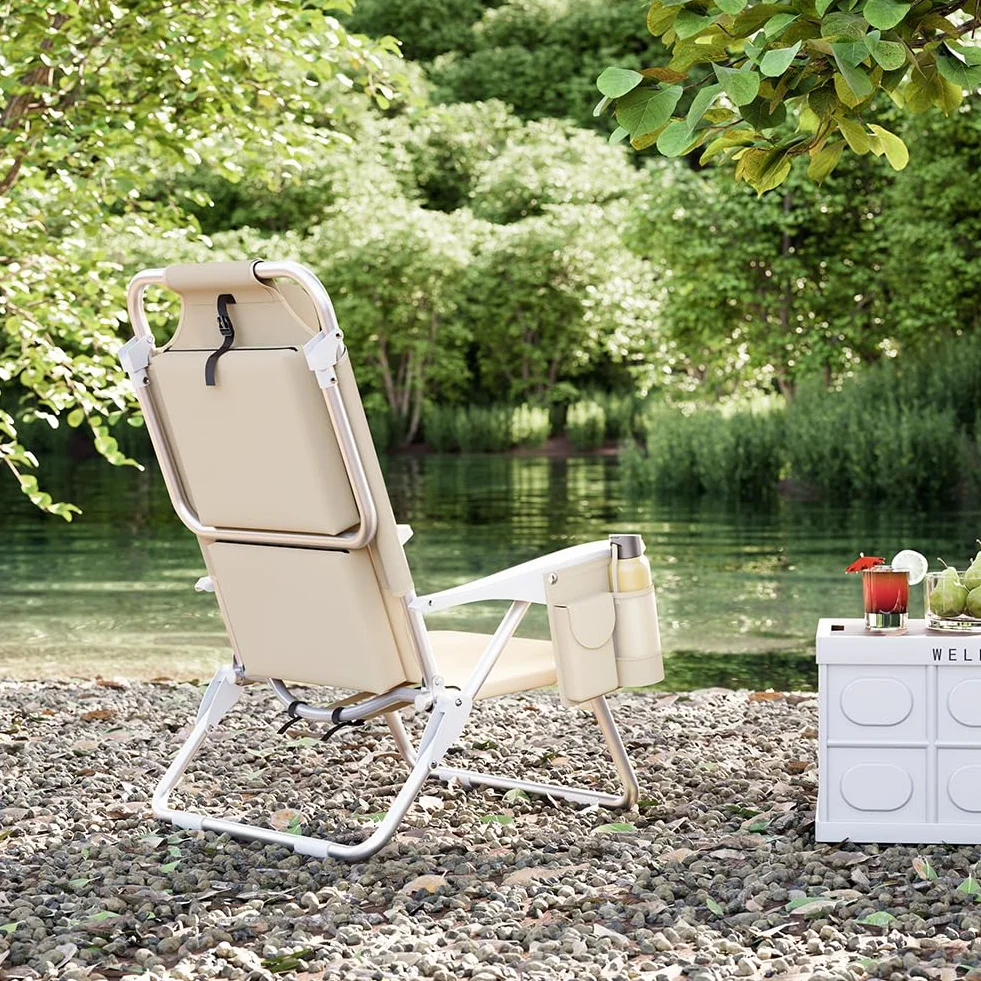 BAKAJI Sedia Pieghevole da Spiaggia in Alluminio con Tasca e Borsa Termica (Beige)