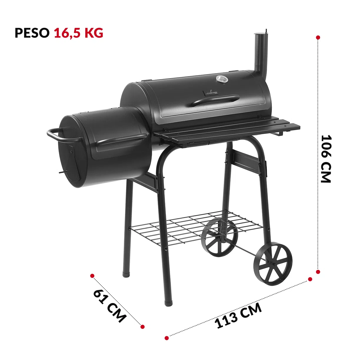 LEHMANN Barbecue a Carbonella e Affumicatore 2 in 1, BBQ Griglia di Cottura XXL, Coperchio con Termometro e Maniglia Antiscottatura, 2 Ruote, Tavolini Laterali Pieghevoli & Ripiano Inferiore, Nero