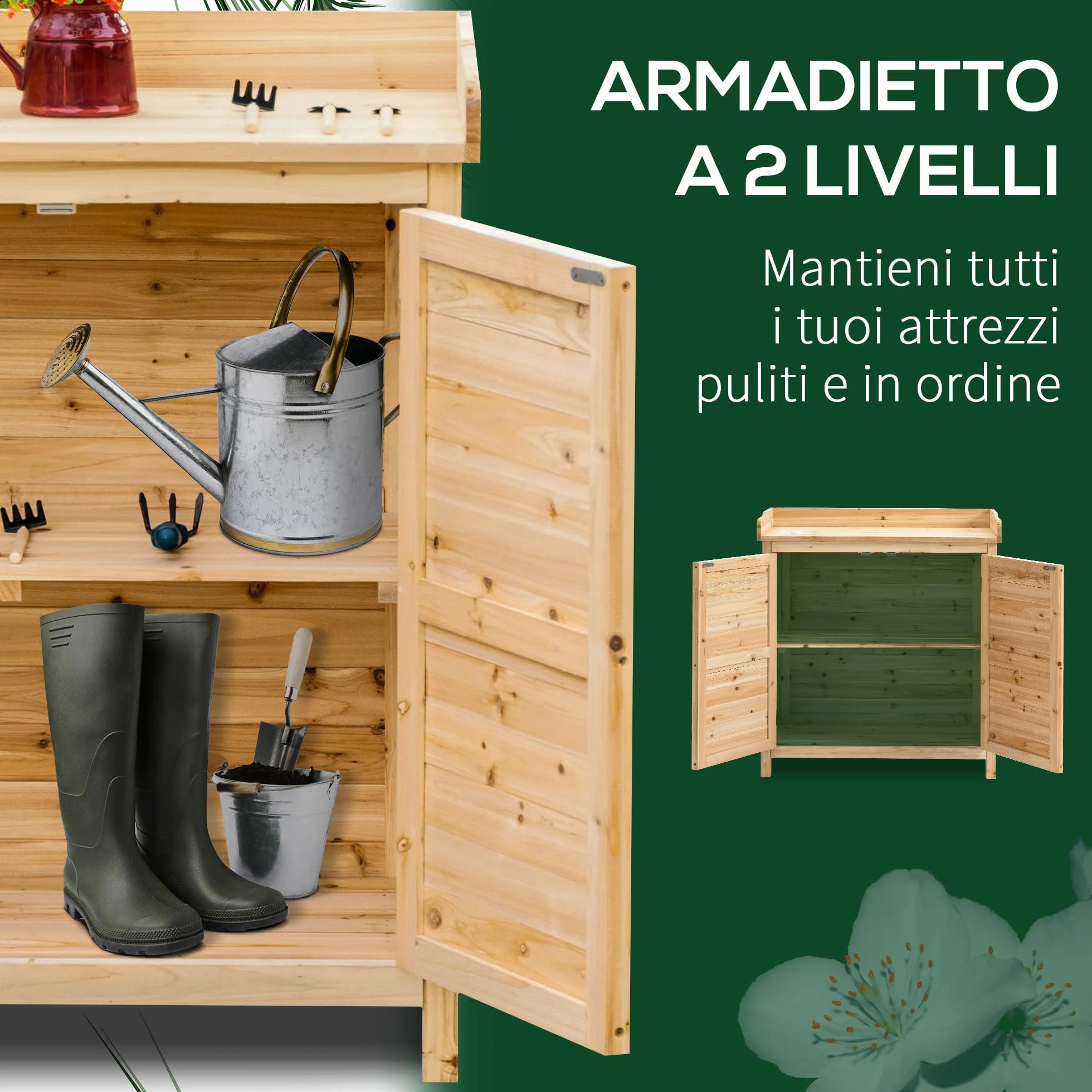 Outsunny Armadietto da Esterno a 2 Ripiani in Legno di Abete con Design Rialzato e 2 Ante, 83x40x92 cm, Color Legno