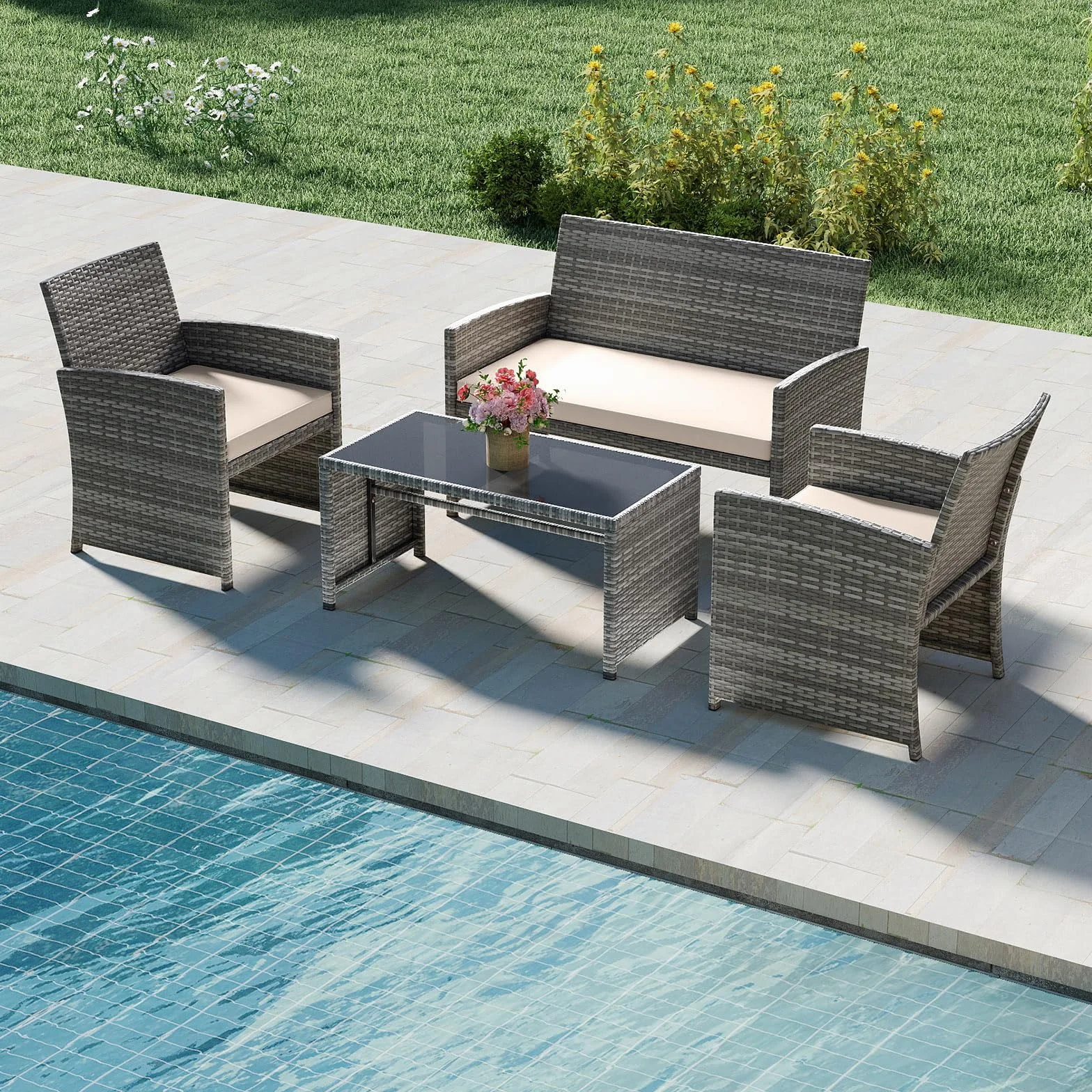 SOARS Set Mobili da Giardino in Rattan PE, Divano 2 Posti, 2 Poltrone, Tavolino Vetro, 4 Posti, Grigio+Bianco