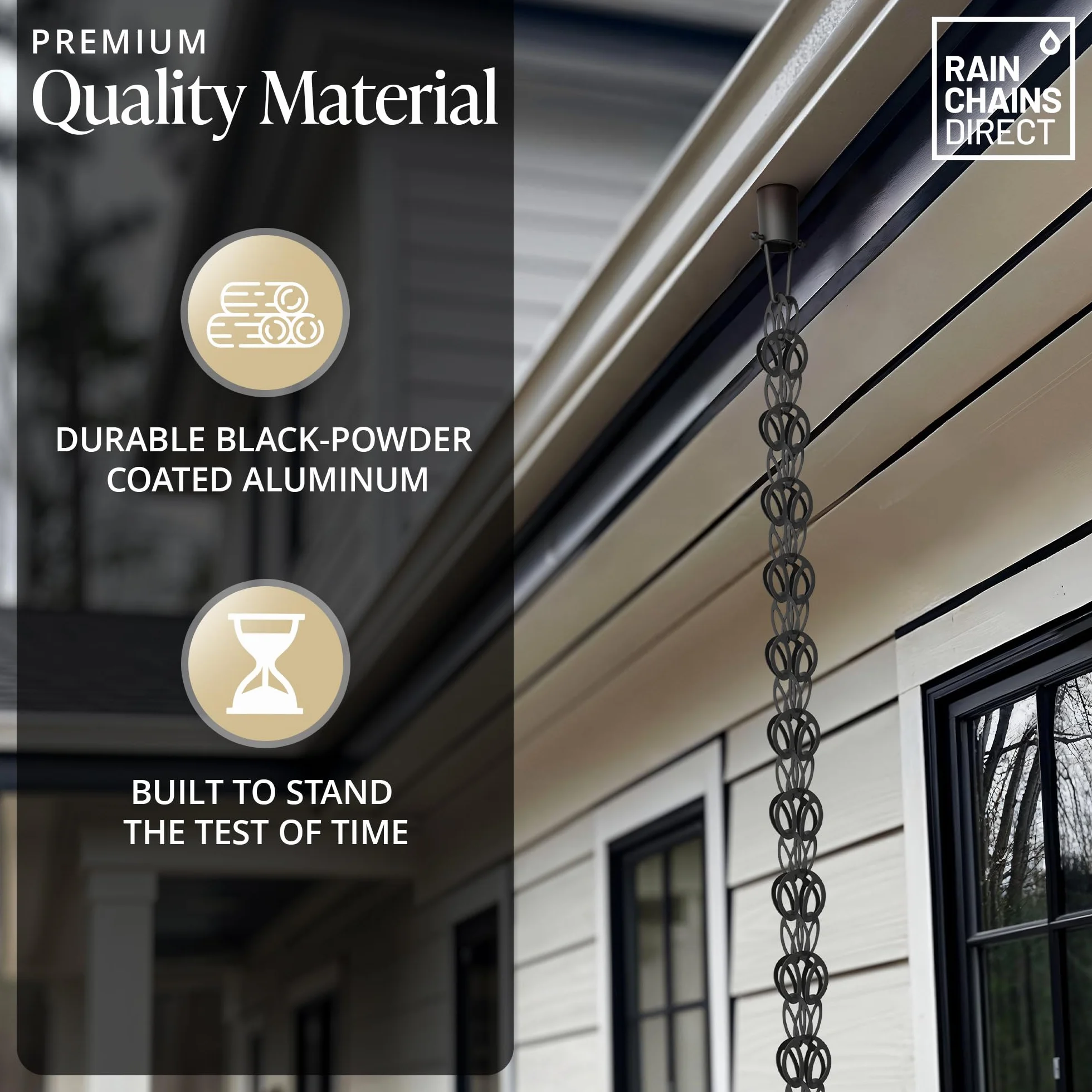 Rain Chains Direct Passante Moderno, Lunghezza 2,5 m, Alluminio, Verniciato a Polvere Nera, Ricambio Funzionale e Decorativo per pluviali grondaie